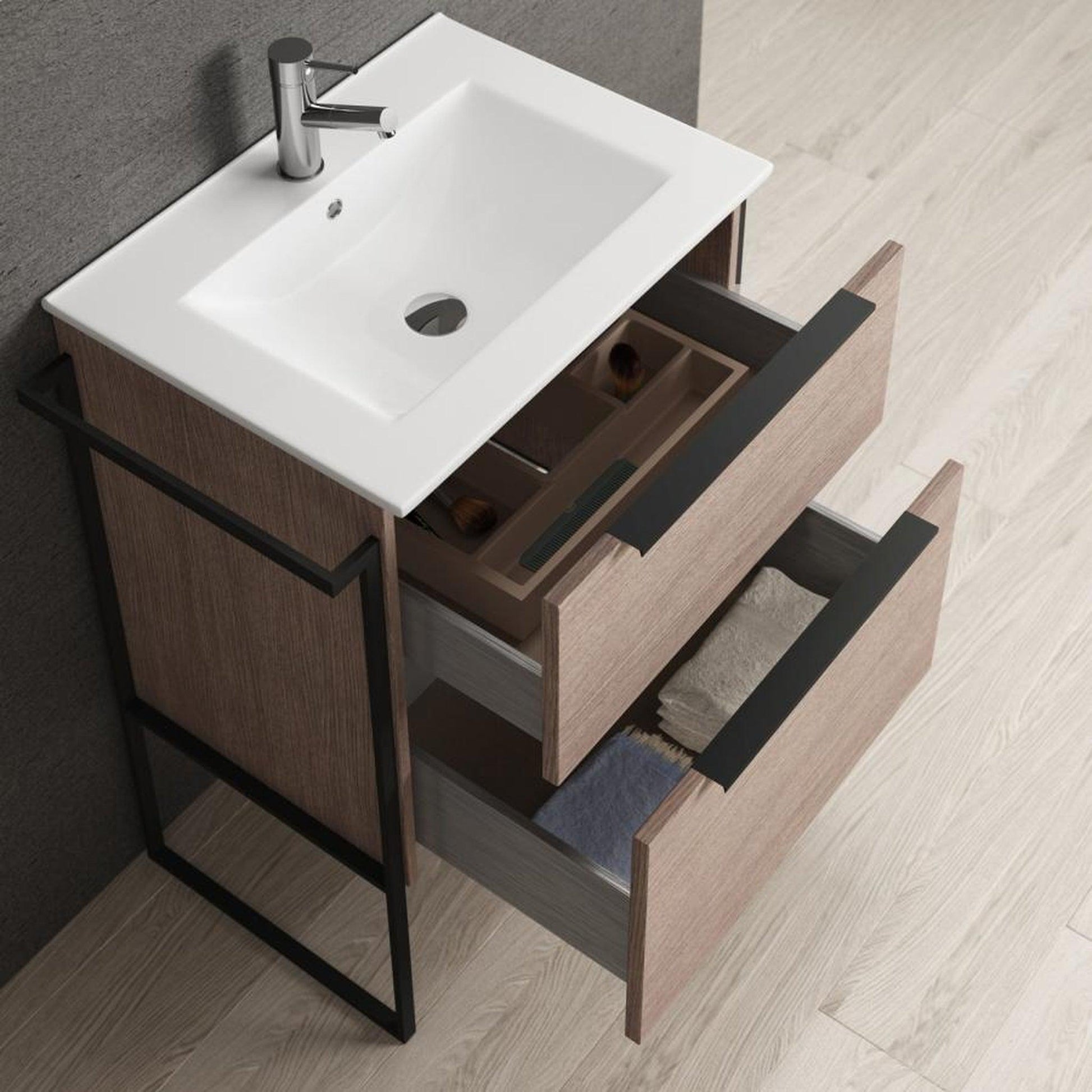 Eviva Marina 24” x 34” Natural Oak Freestanding Bathroom Vanity With White Integrated Porcelain Sink