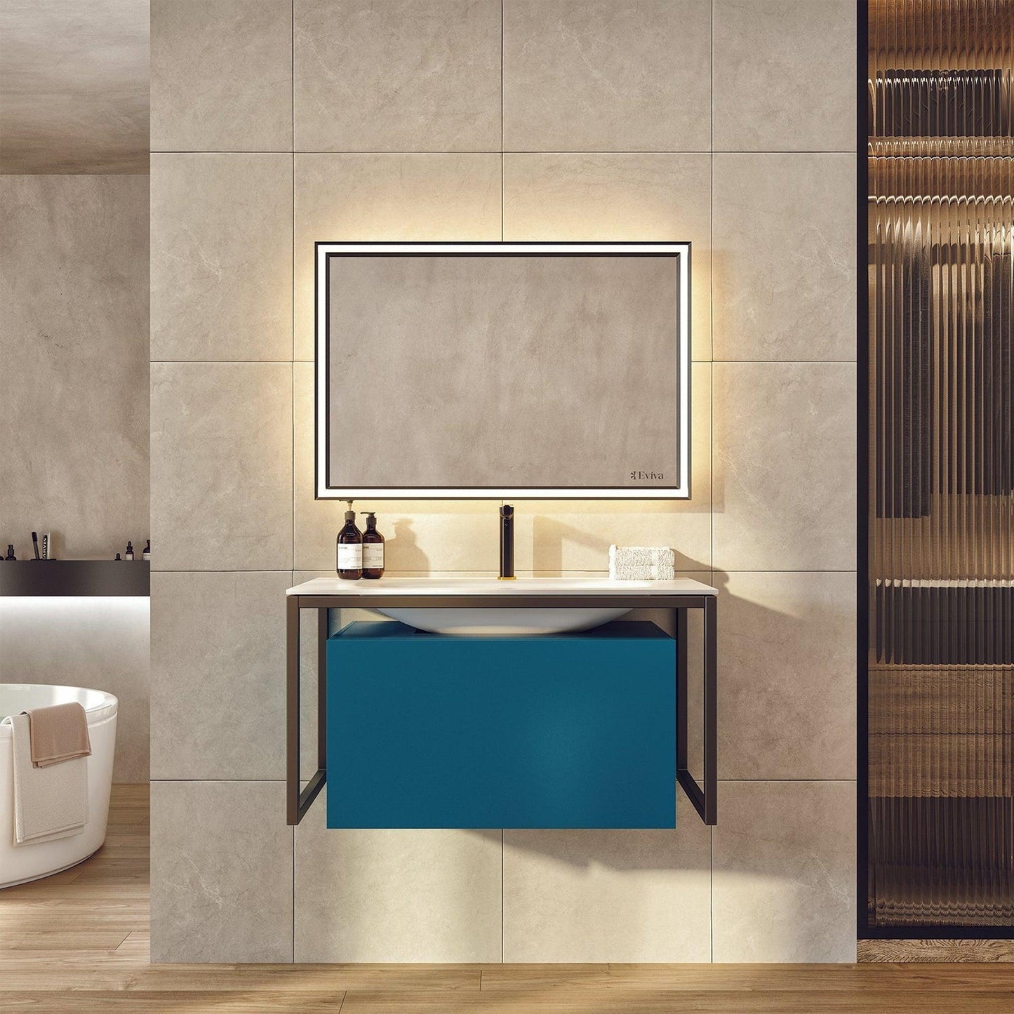 Eviva Modena 32" x 19" Teal Wall-Mounted Bathroom Vanity With White Integrated Solid Surface Countertop