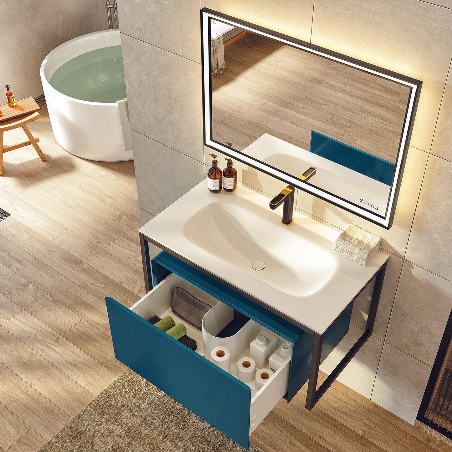 Eviva Modena 32" x 19" Teal Wall-Mounted Bathroom Vanity With White Integrated Solid Surface Countertop