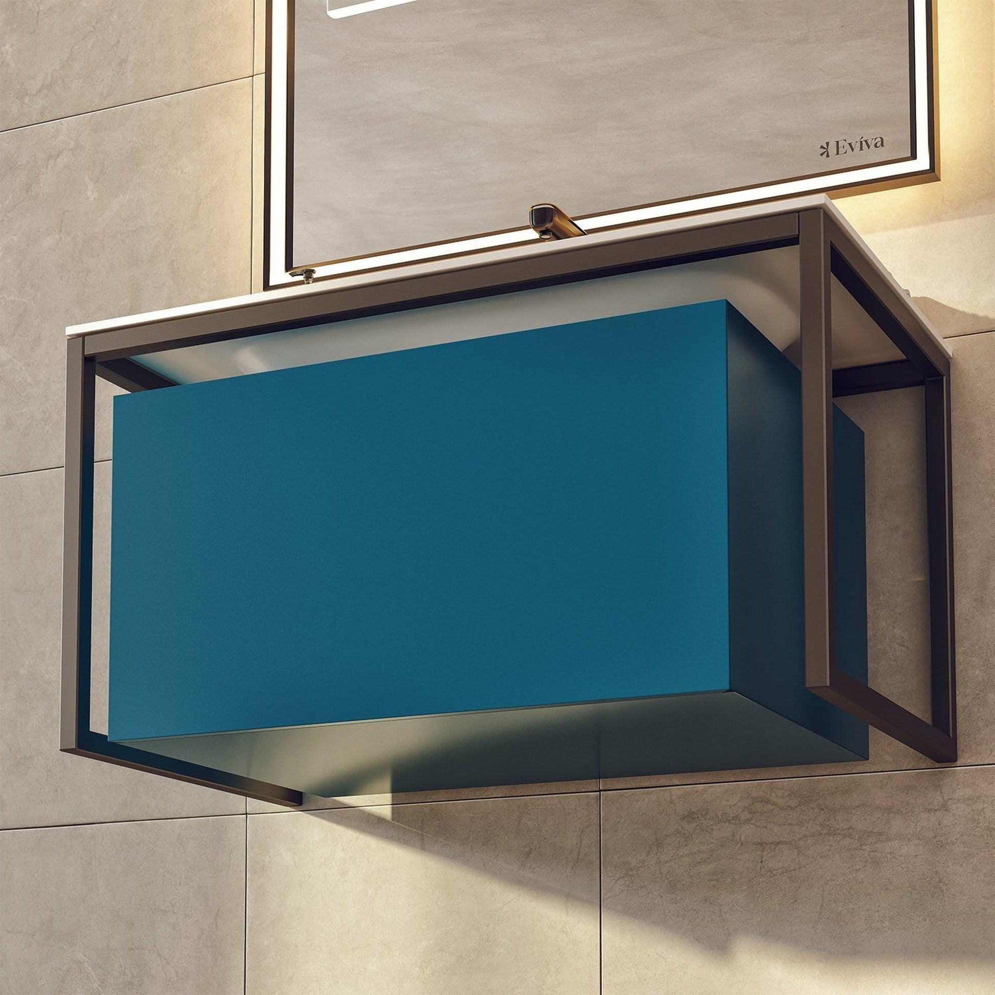 Eviva Modena 32" x 19" Teal Wall-Mounted Bathroom Vanity With White Integrated Solid Surface Countertop