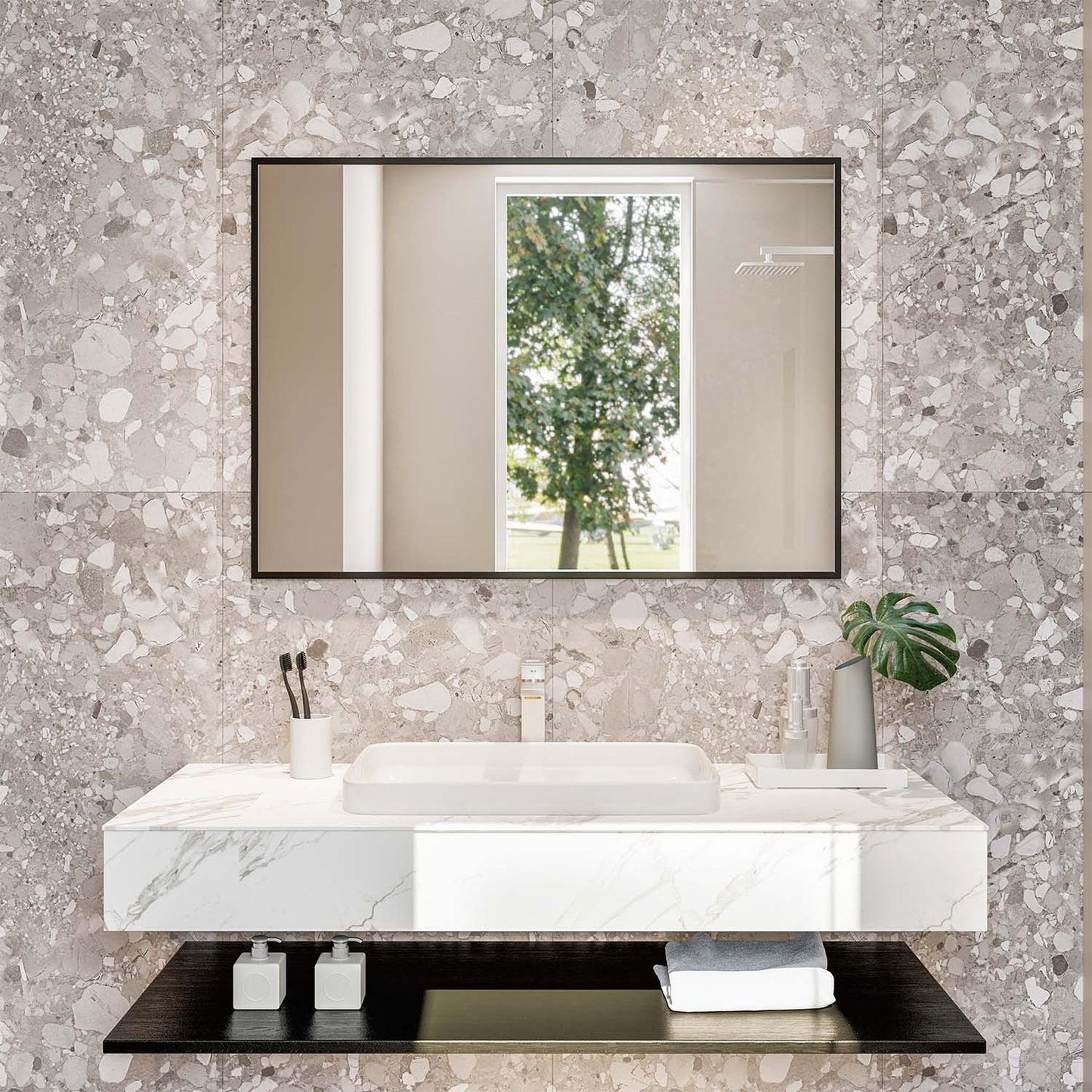 Eviva Modern 48" x 30" Black Framed Bathroom Wall-Mounted Mirror