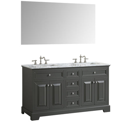 Eviva Monroe 60" x 34" Gray Bathroom Vanity With White Carrara Marble Countertop and Double Undermount Sink