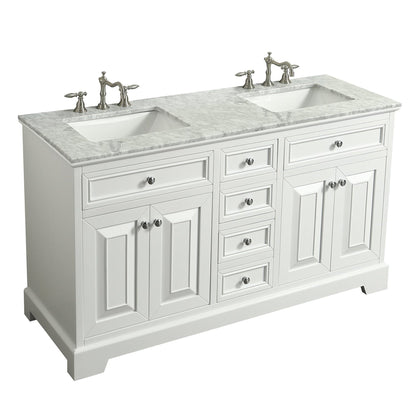 Eviva Monroe 60" x 34" White Bathroom Vanity With White Carrara Marble Countertop and Double Undermount Sink