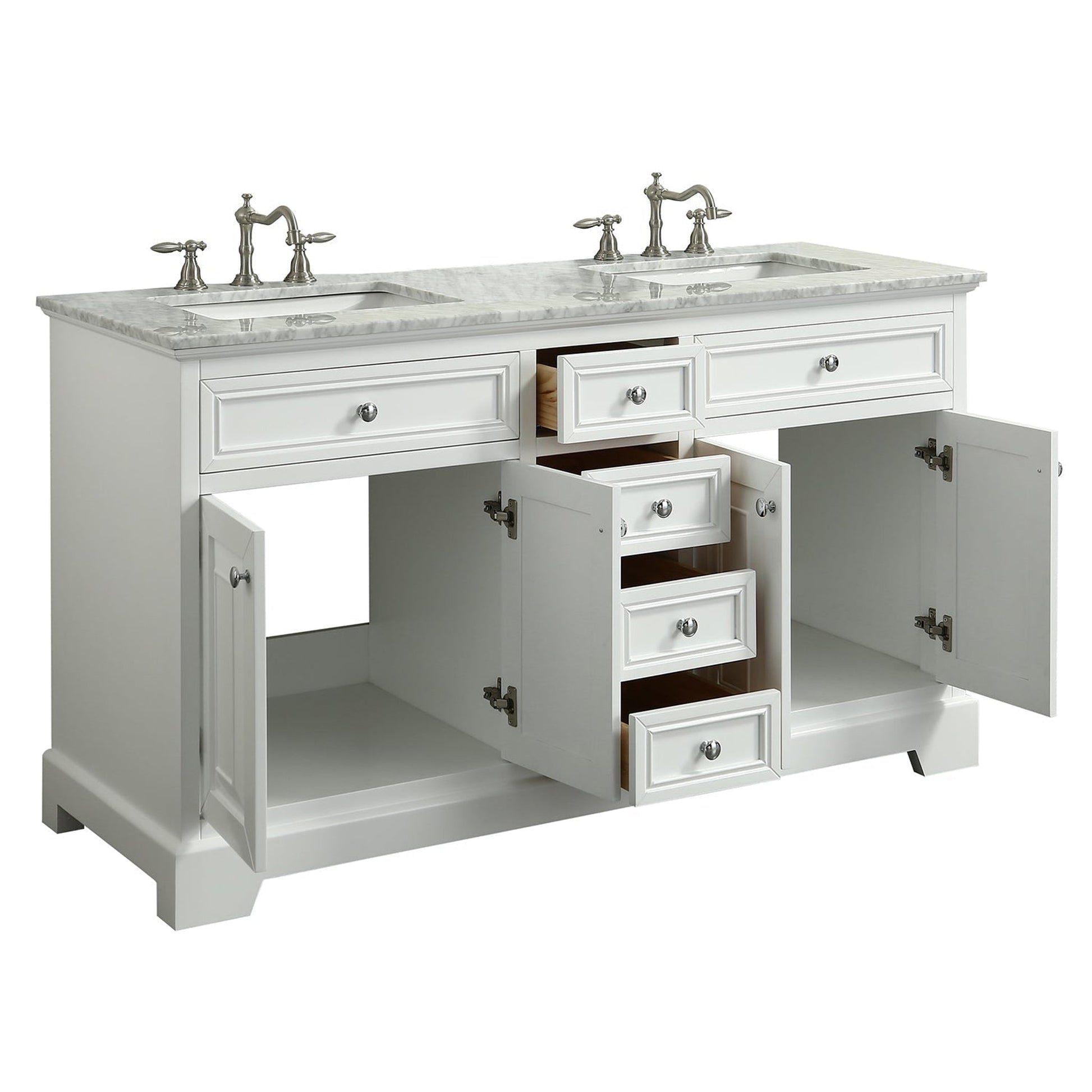 Eviva Monroe 60" x 34" White Bathroom Vanity With White Carrara Marble Countertop and Double Undermount Sink