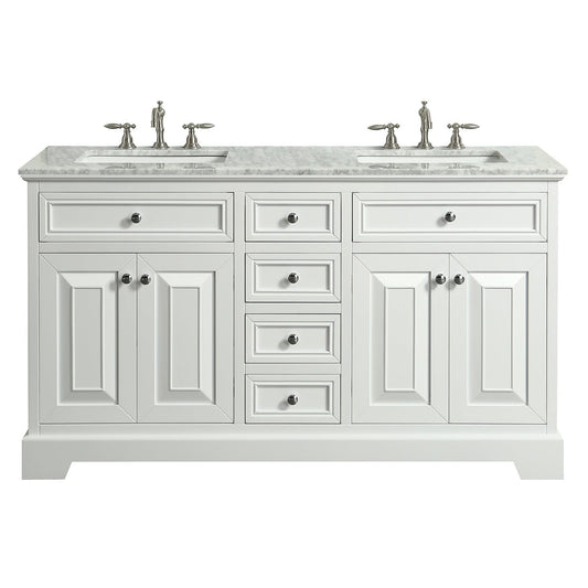 Eviva Monroe 60" x 34" White Bathroom Vanity With White Carrara Marble Countertop and Double Undermount Sink