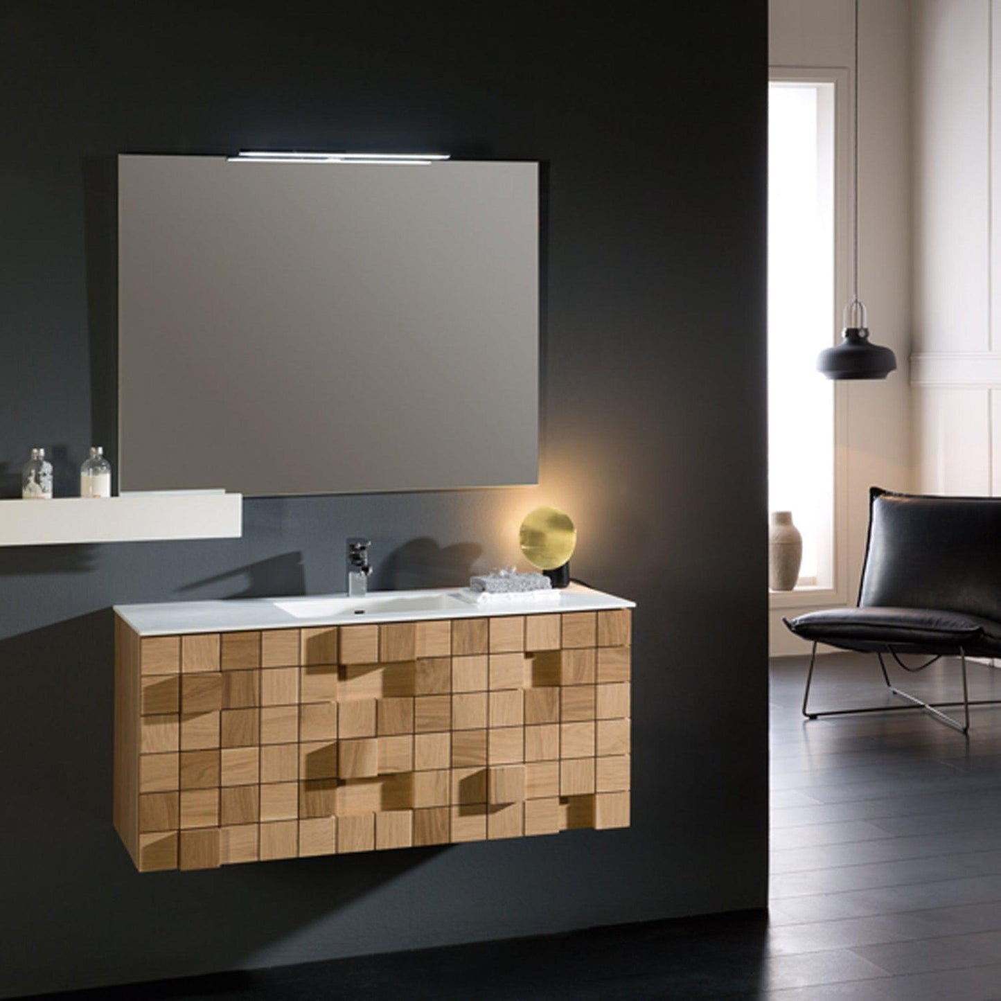 Eviva Mosaic 33" x 20" Oak Wall-Mounted Bathroom Vanity With White Integrated Solid Surface Countertop