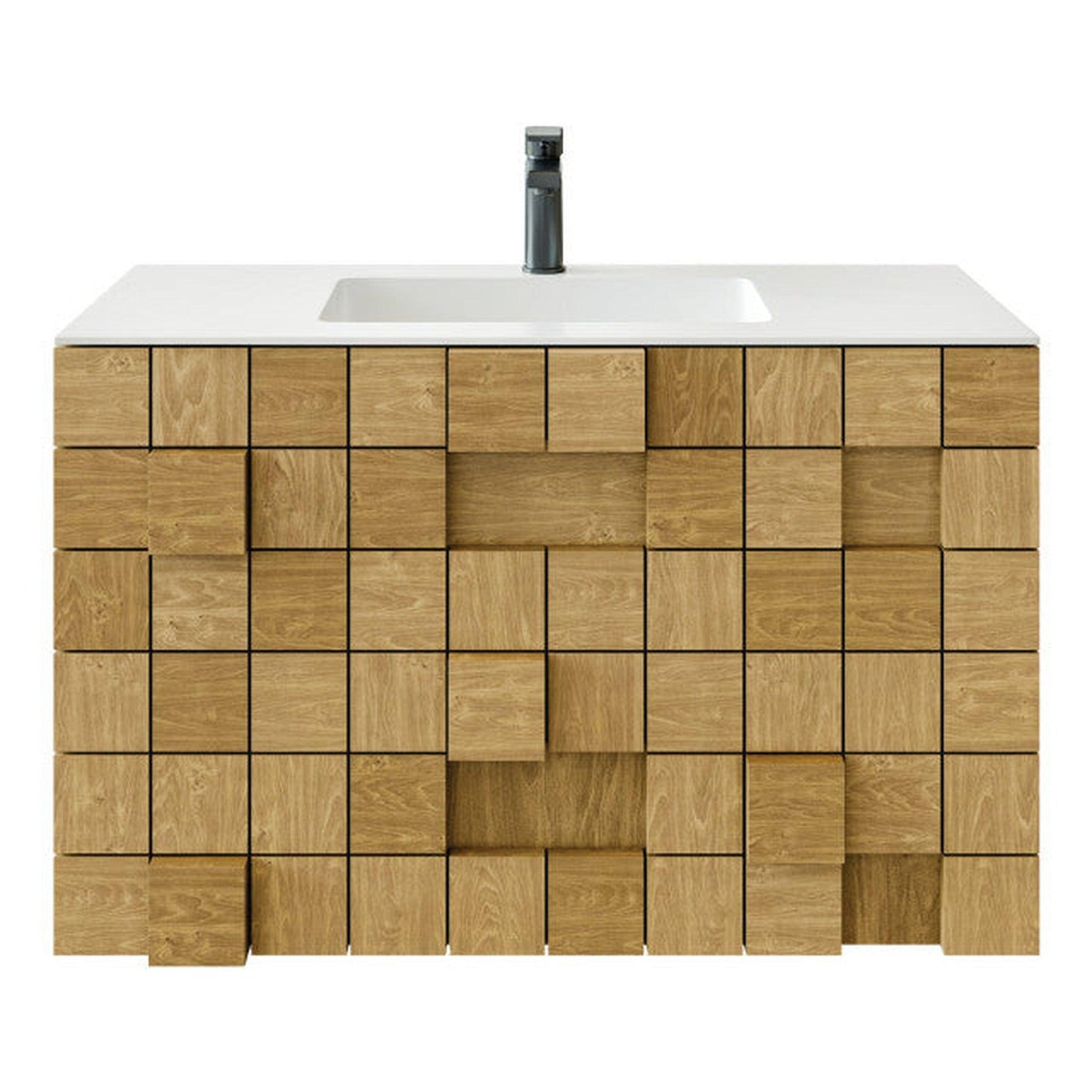 Eviva Mosaic 33" x 20" Oak Wall-Mounted Bathroom Vanity With White Integrated Solid Surface Countertop