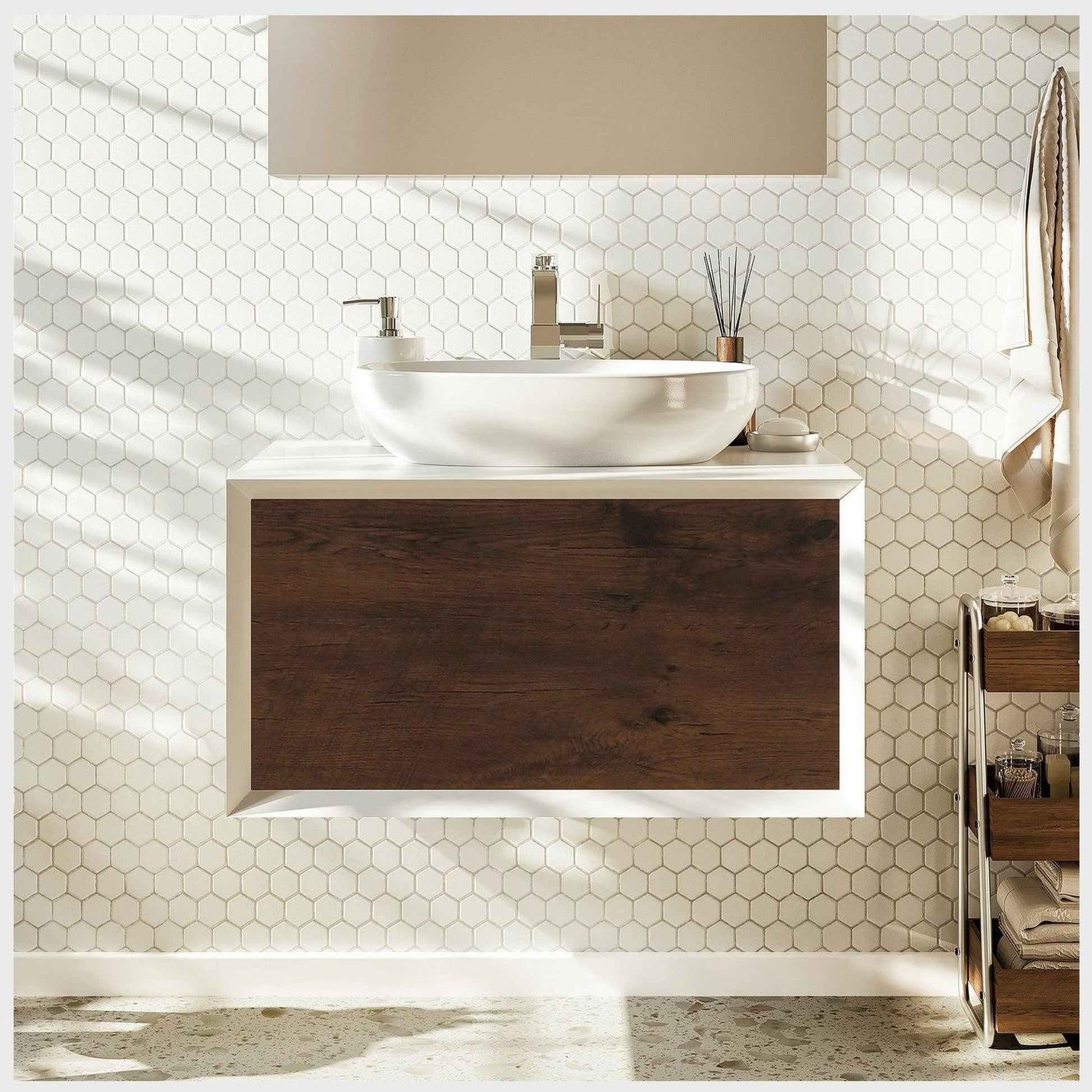 Eviva Santa Monica 30" x 16" Rosewood Wall-Mounted Bathroom Vanity With White Porcelain Vessel Sink