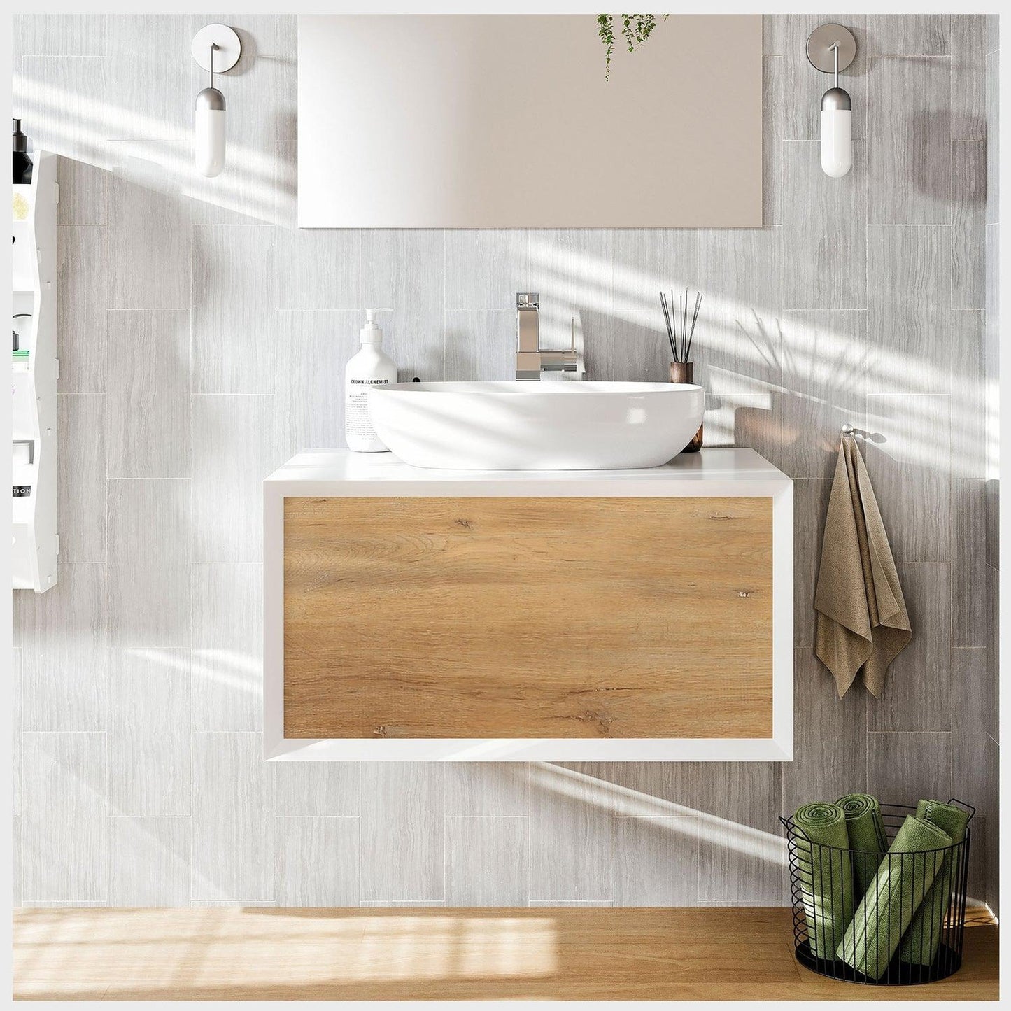 Eviva Santa Monica 30" x 16" White Oak Wall-Mounted Bathroom Vanity With White Porcelain Vessel Sink