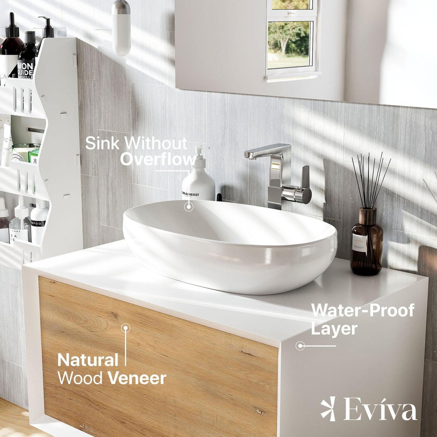 Eviva Santa Monica 30" x 16" White Oak Wall-Mounted Bathroom Vanity With White Porcelain Vessel Sink