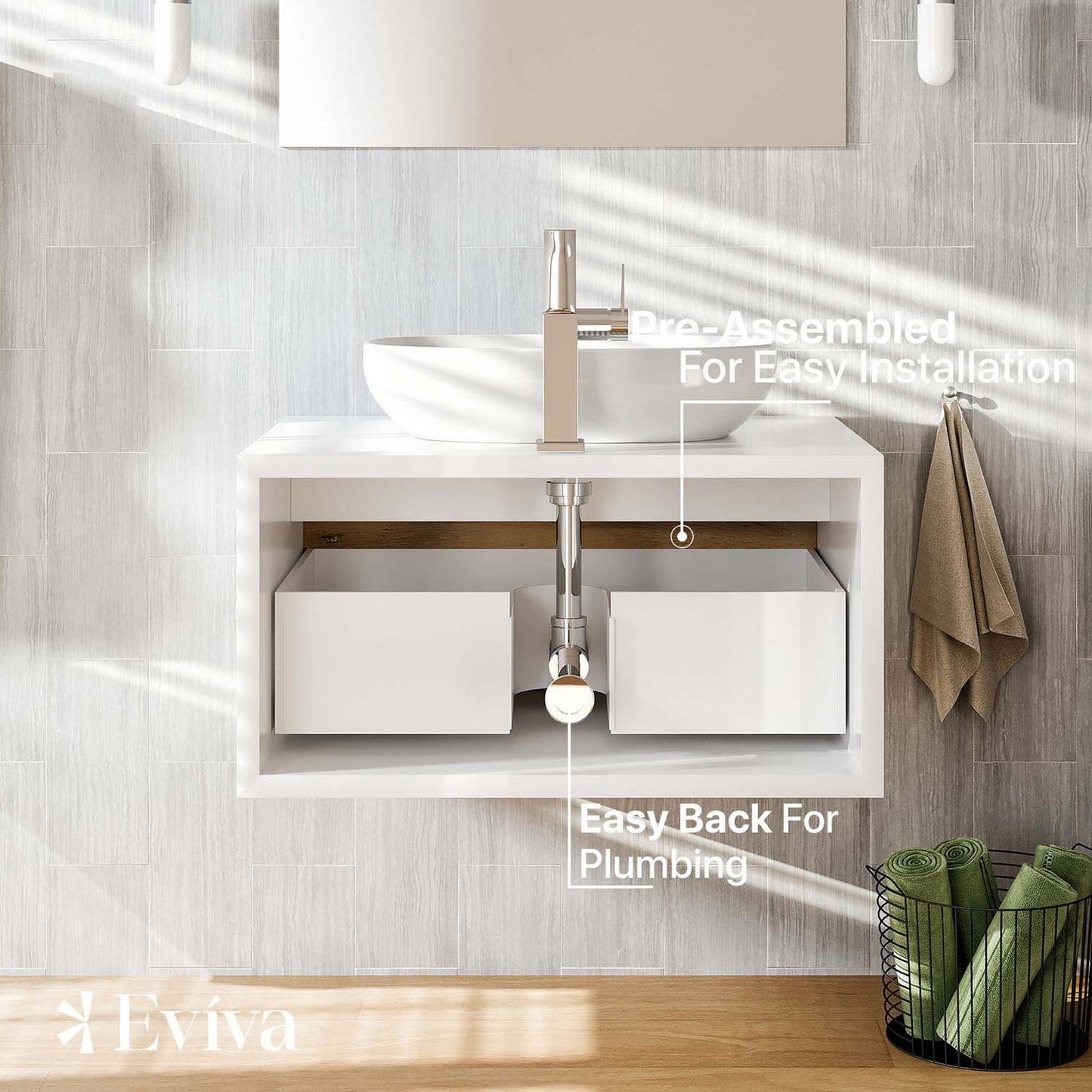 Eviva Santa Monica 36" x 16" White Oak Wall-Mounted Bathroom Vanity With White Porcelain Vessel Sink