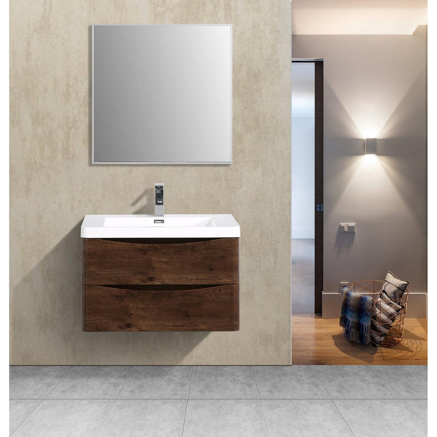 Eviva Smile 30" x 20" Rosewood Wall-Mounted Bathroom Vanity With White Single Integrated Sink