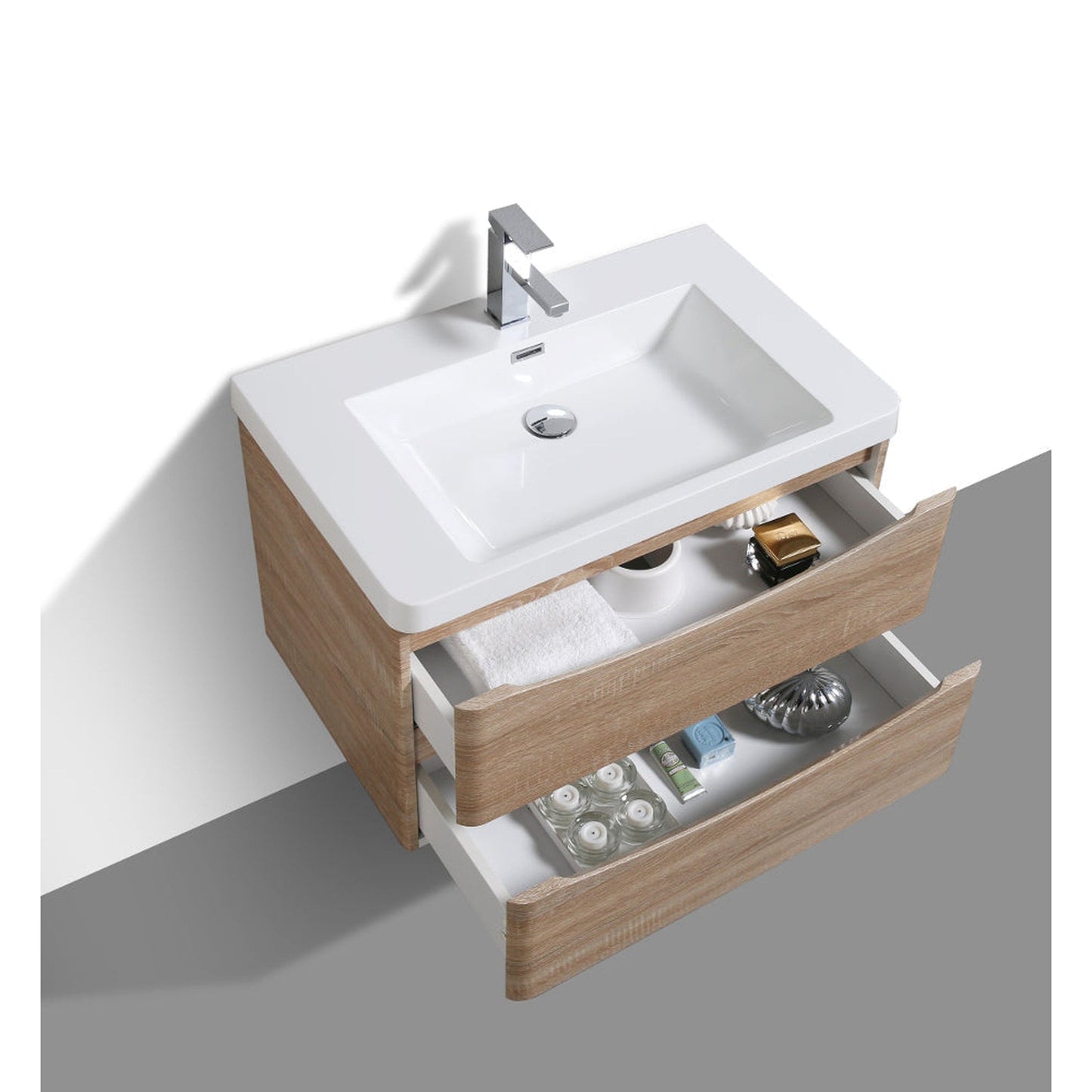 Eviva Smile 30" x 20" White Oak Wall-Mounted Bathroom Vanity With White Single Integrated Sink