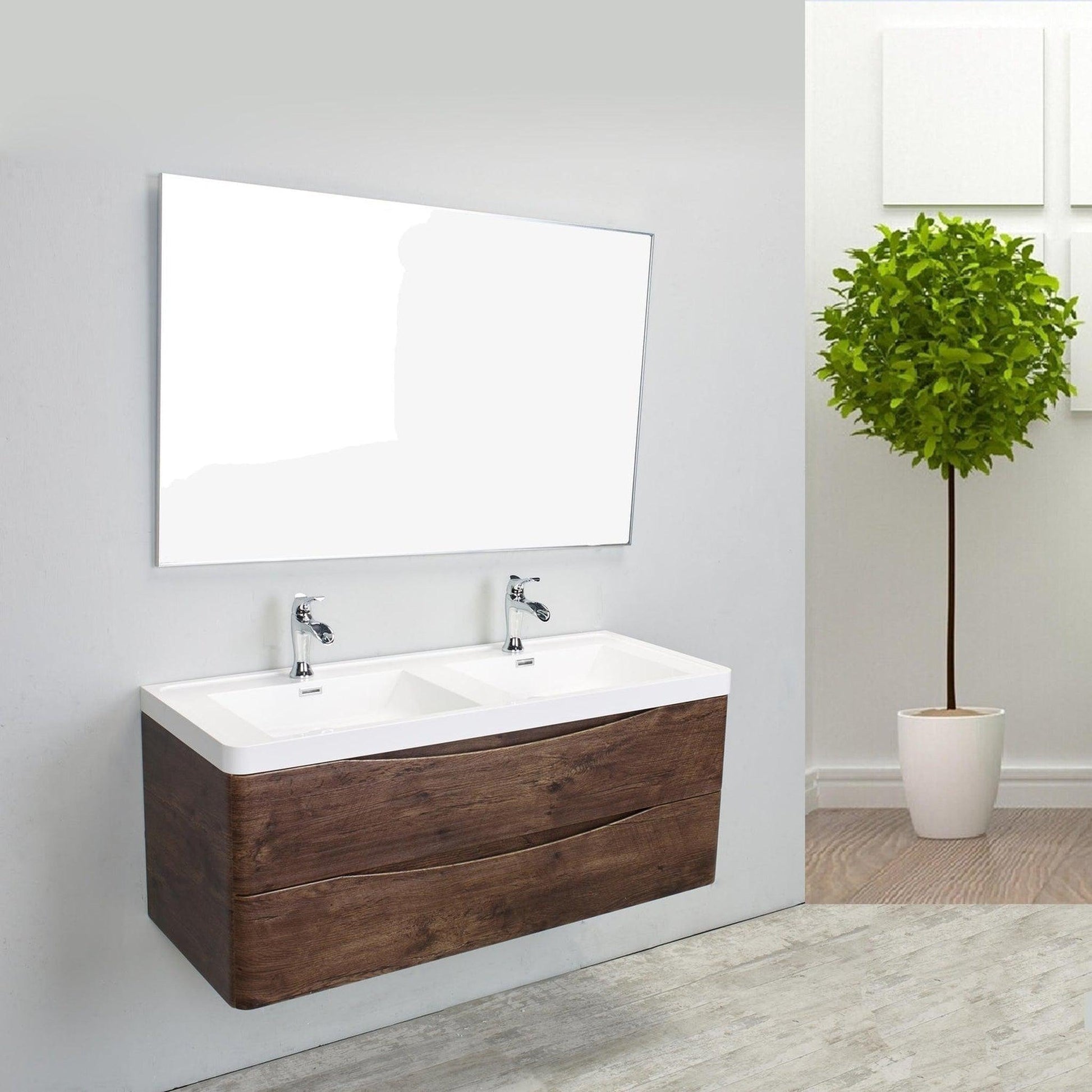 Eviva Smile 48" x 19" Rosewood Wall-Mounted Bathroom Vanity With White Double Integrated Sink