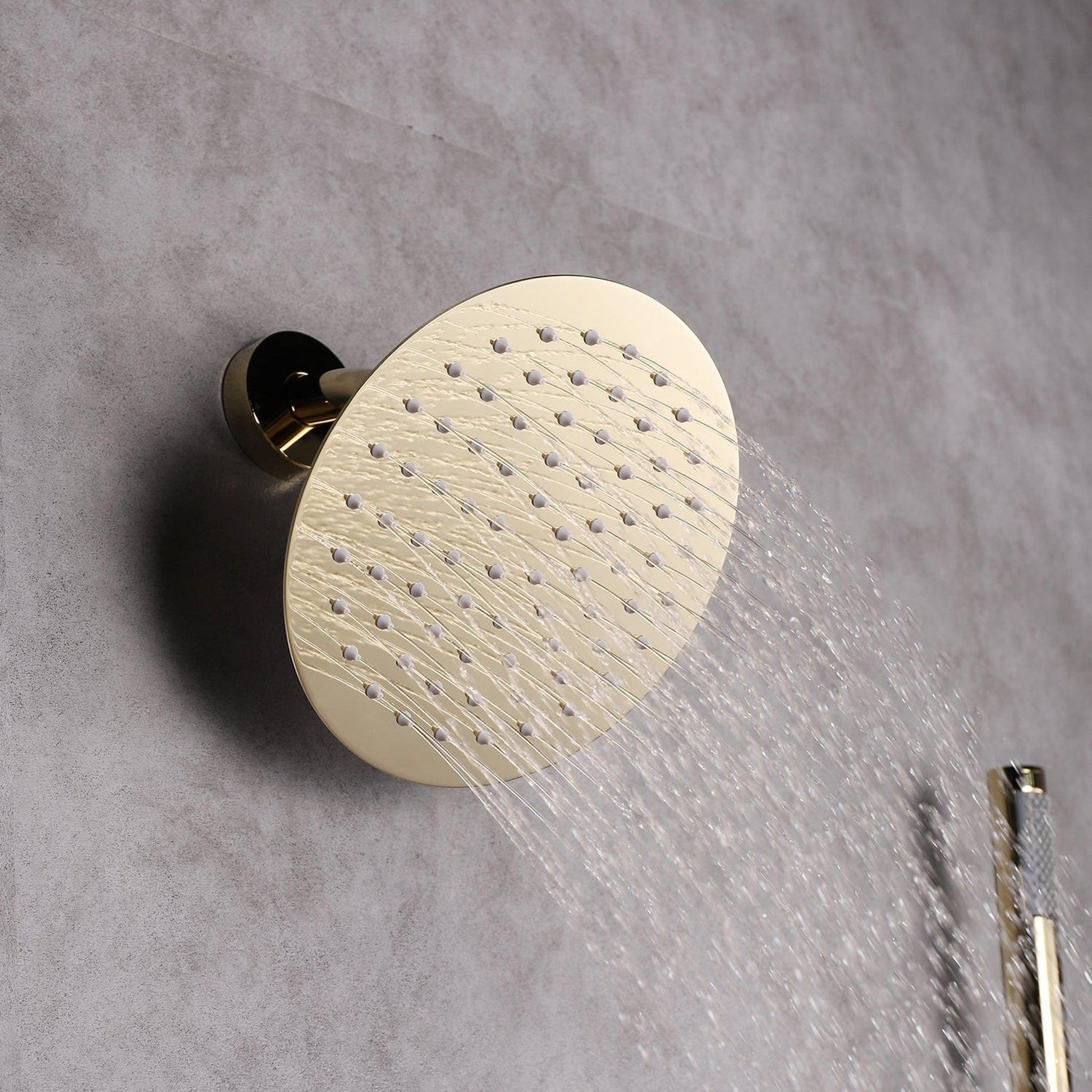Eviva Splash Gold Coated Wall-Mounted Round Shower Head With Hand Shower and Tub Faucet
