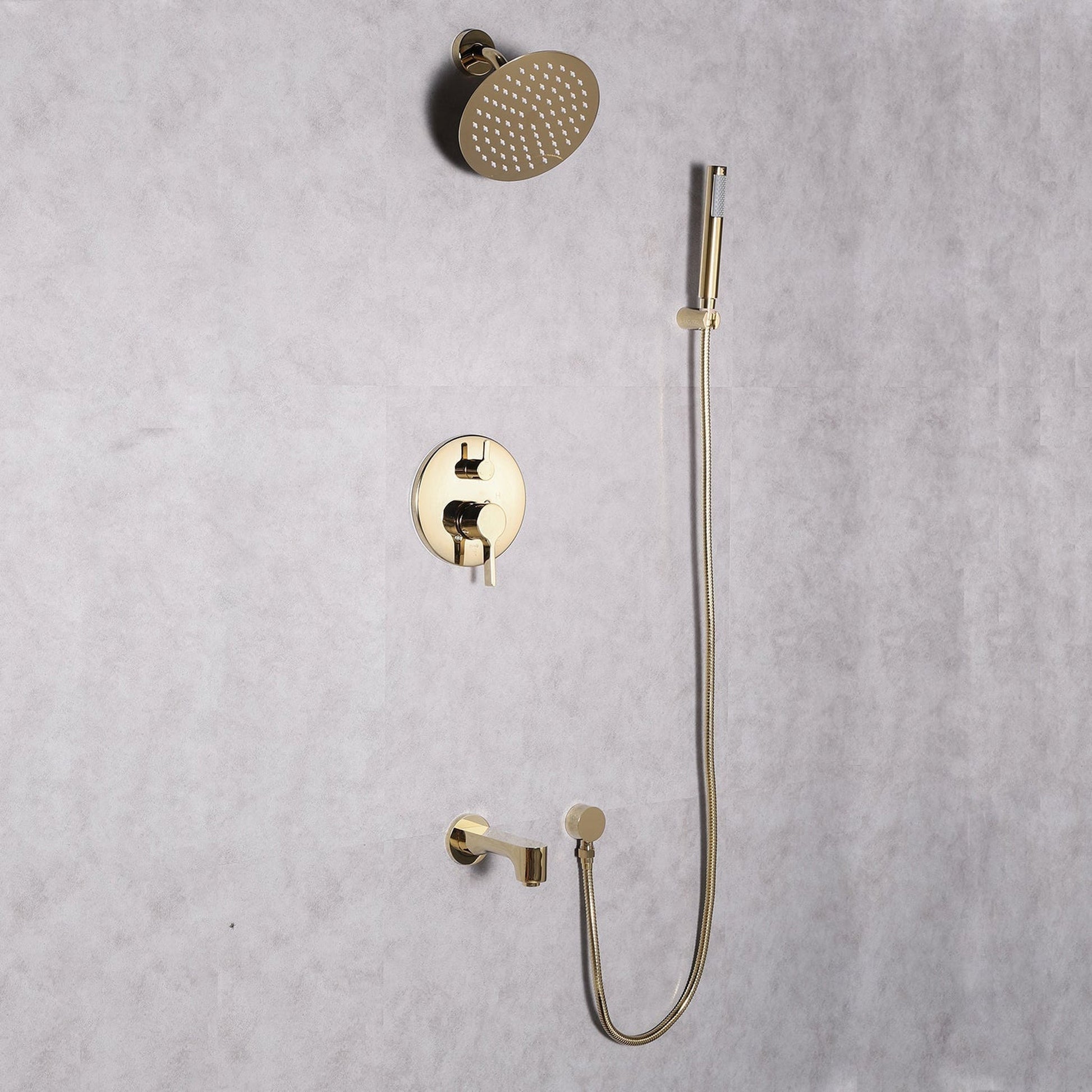 Eviva Splash Gold Coated Wall-Mounted Round Shower Head With Hand Shower and Tub Faucet