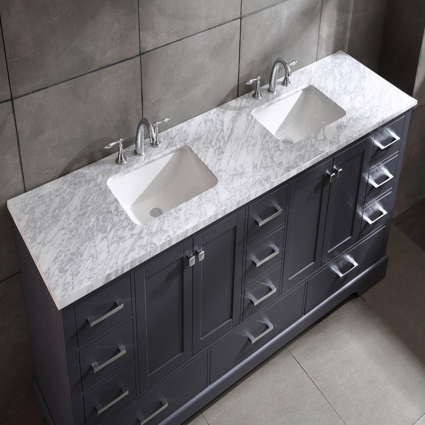 Eviva Storehouse 84" x 34" Dark Gray Freestanding Bathroom Vanity With White Carrara Marble Countertop and Double Undermount Sink