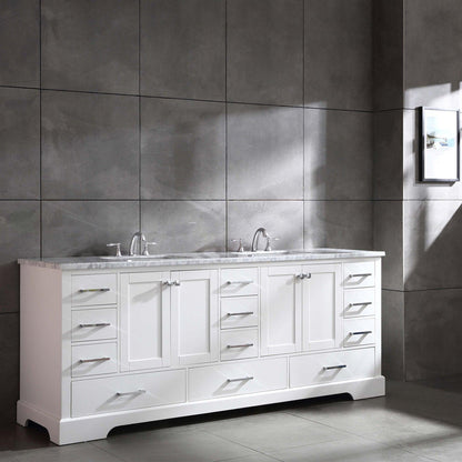 Eviva Storehouse 84" x 34" White Freestanding Bathroom Vanity With White Carrara Marble Countertop and Double Undermount Sink
