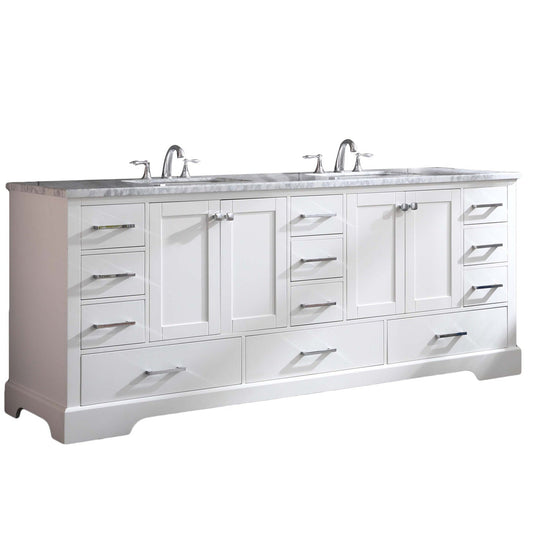 Eviva Storehouse 84" x 34" White Freestanding Bathroom Vanity With White Carrara Marble Countertop and Double Undermount Sink