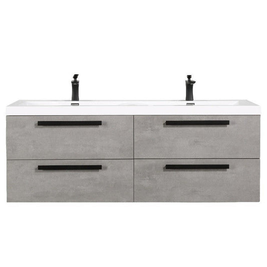 Eviva Surf 57" x 24" Cement Gray Wall-Mounted Bathroom Vanity With Double White Integrated Sink