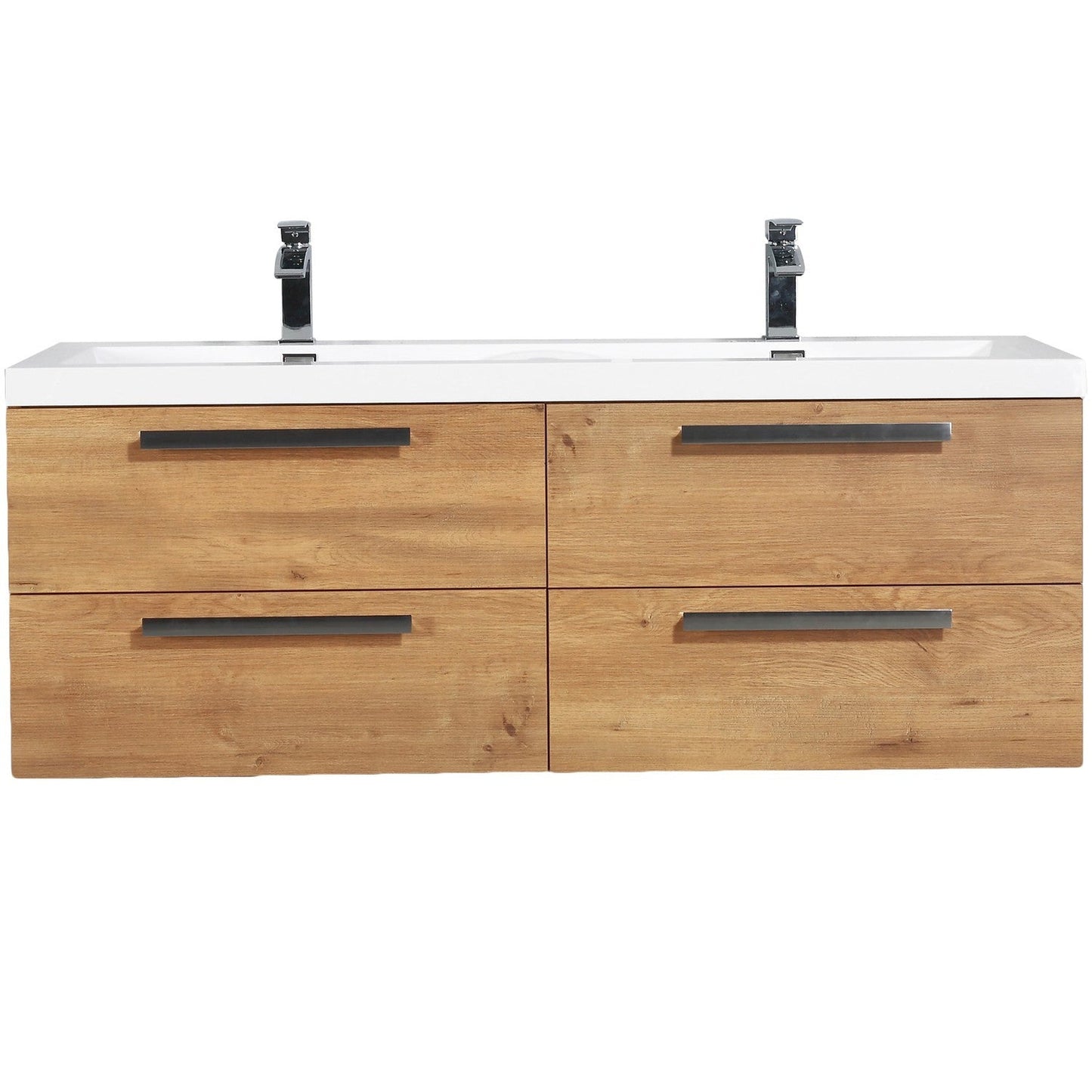 Eviva Surf 57" x 24" Natural Oak Wall-Mounted Bathroom Vanity With Double White Integrated Sink
