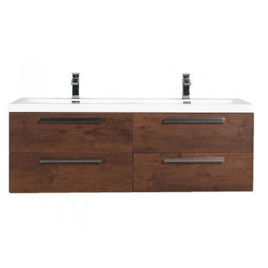 Eviva Surf 57" x 24" Rosewood Wall-Mounted Bathroom Vanity With Double White Integrated Sink