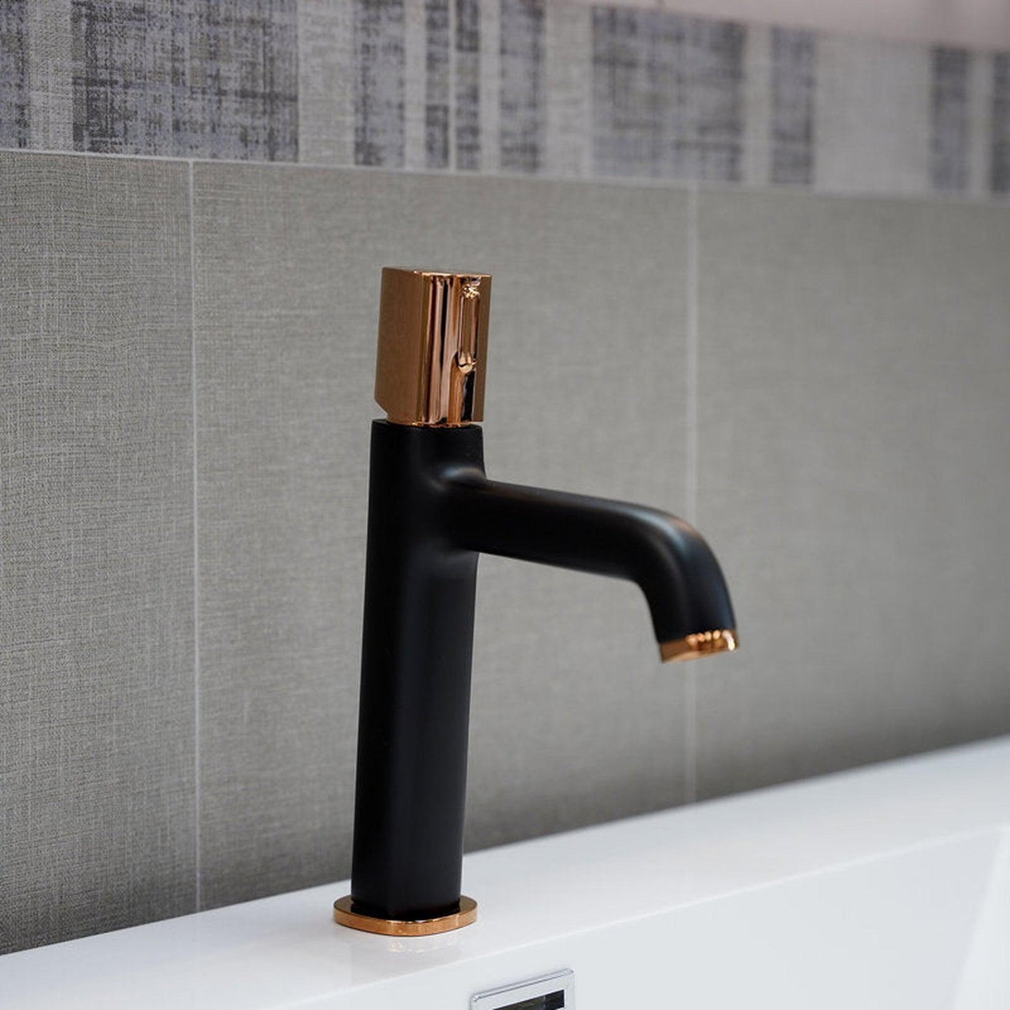 Eviva Swan Matte Black Single Hole Bathroom Sink Faucet with Rose Gold Handle