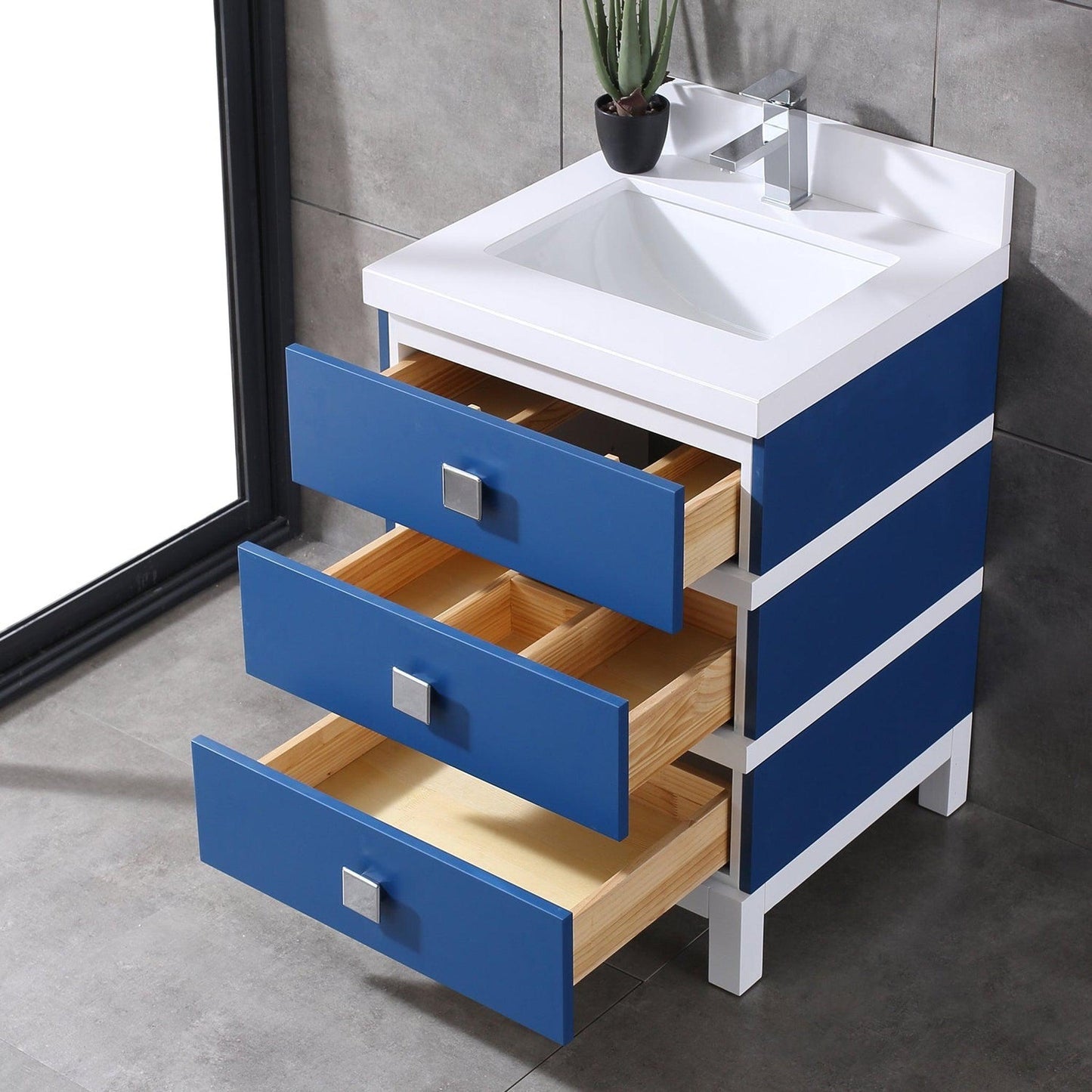 Eviva Sydney 24" x 32" Blue and White Freestanding Bathroom Vanity With White Solid Quartz Countertop