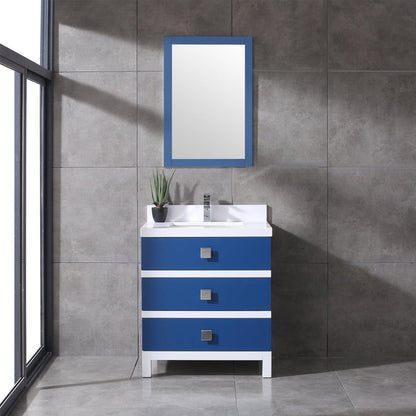 Eviva Sydney 30" x 32" Blue and White Freestanding Bathroom Vanity With White Solid Quartz Countertop