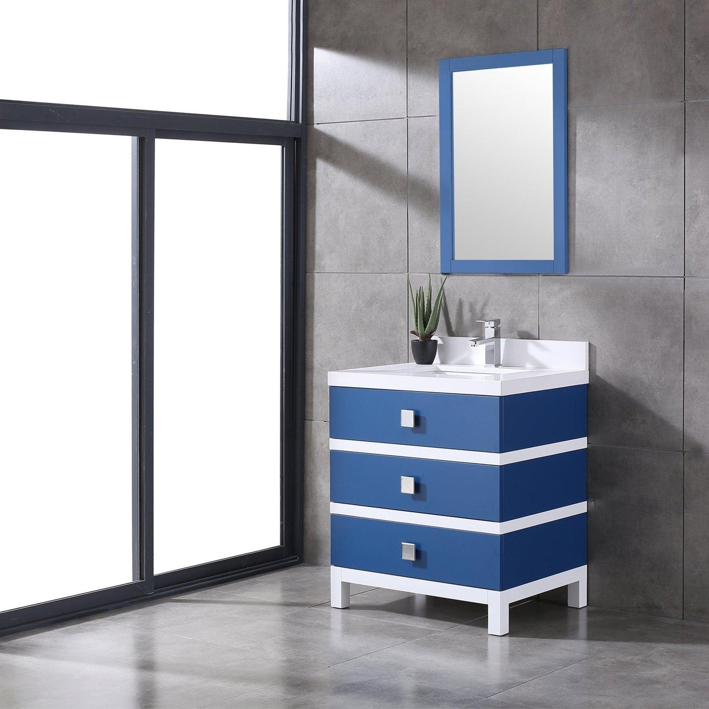 Eviva Sydney 30" x 32" Blue and White Freestanding Bathroom Vanity With White Solid Quartz Countertop