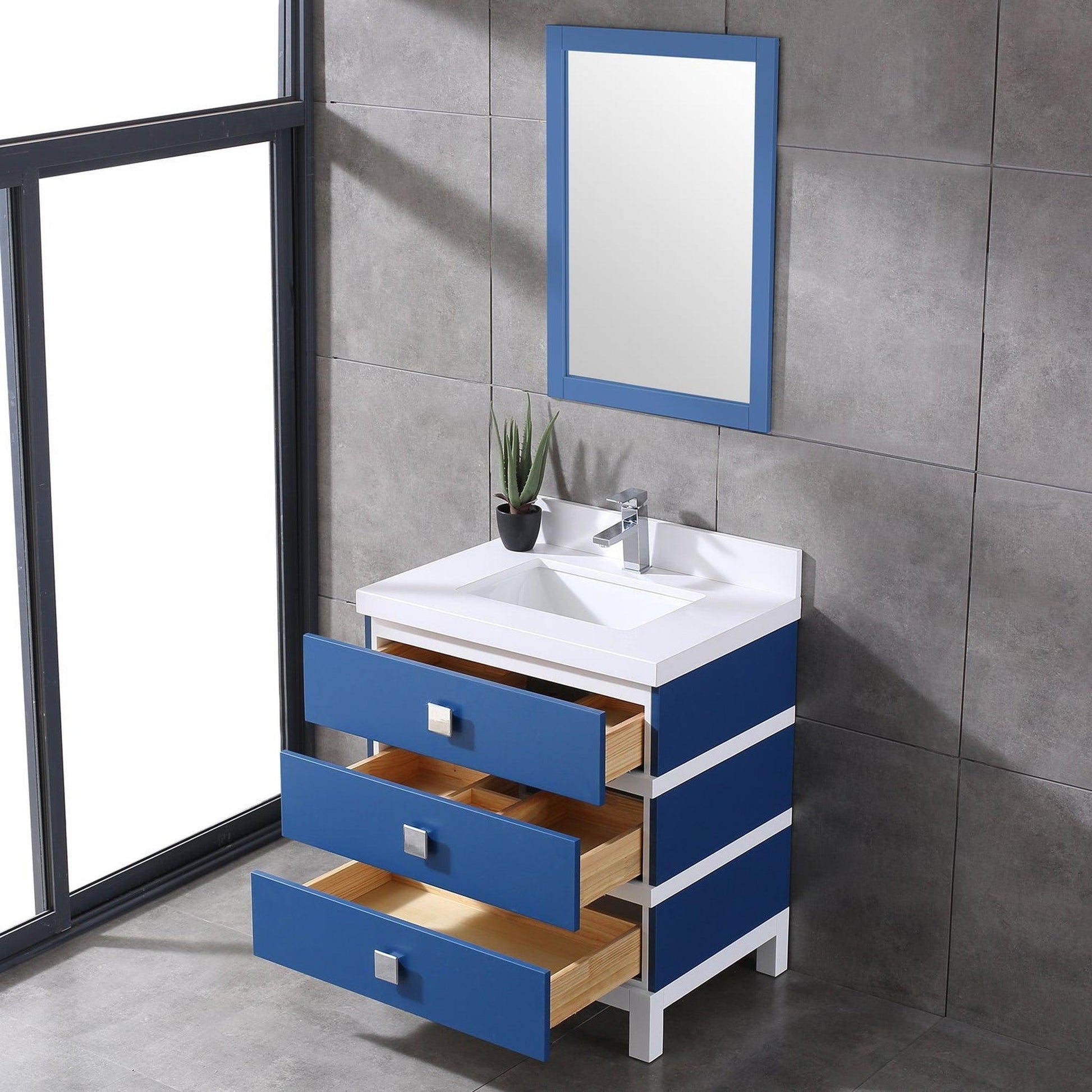 Eviva Sydney 30" x 32" Blue and White Freestanding Bathroom Vanity With White Solid Quartz Countertop