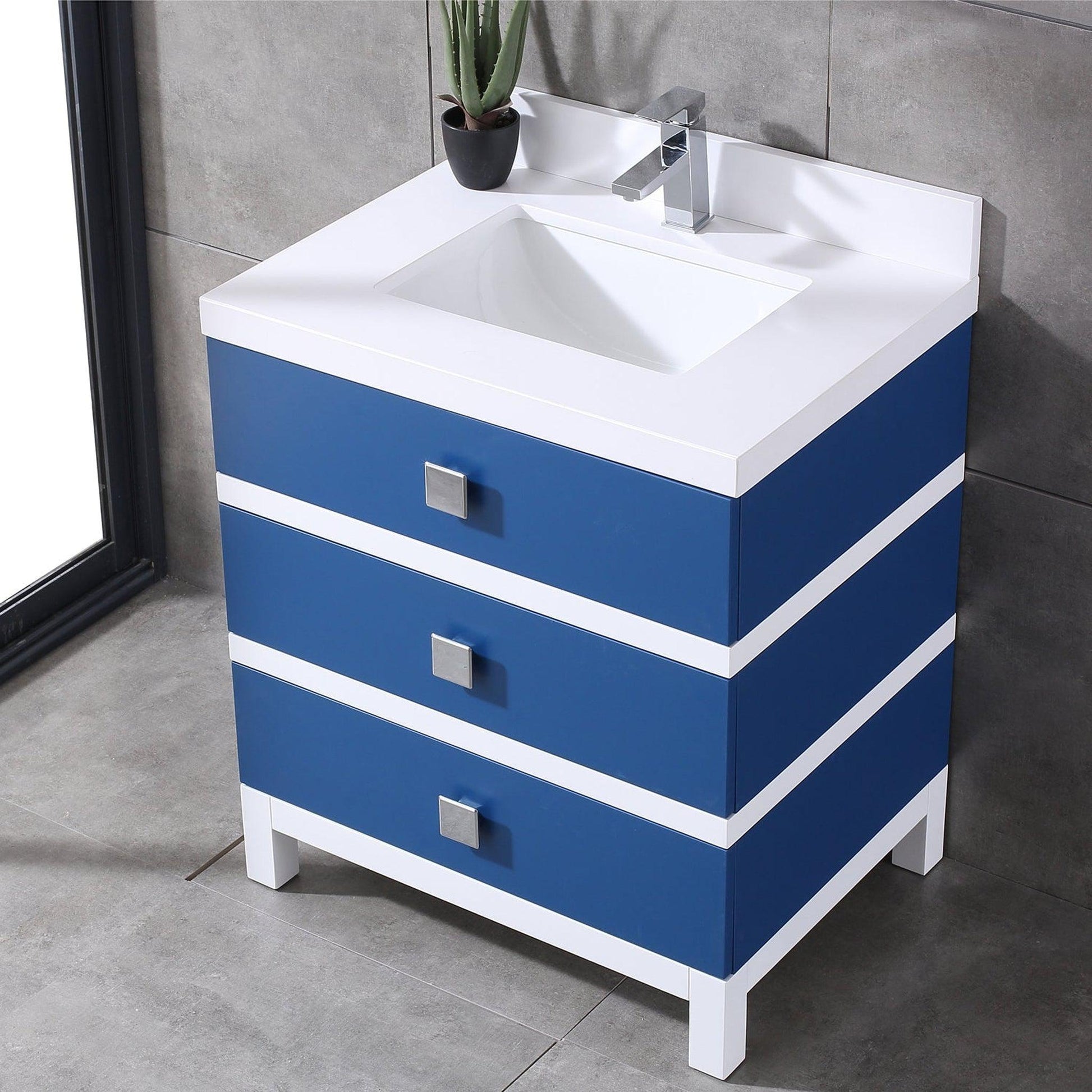 Eviva Sydney 30" x 32" Blue and White Freestanding Bathroom Vanity With White Solid Quartz Countertop