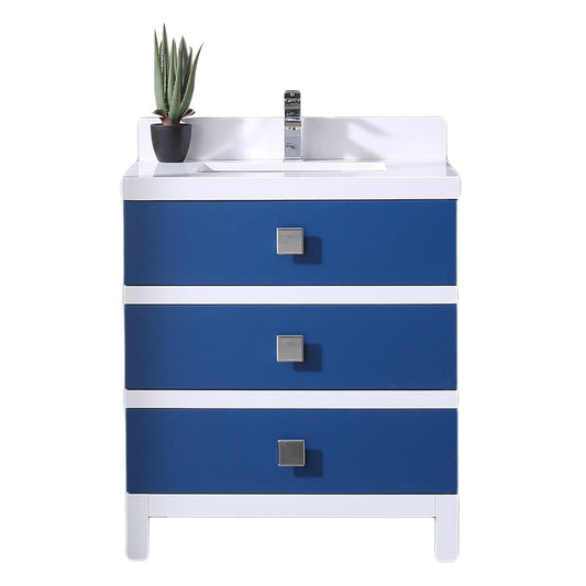 Eviva Sydney 30" x 32" Blue and White Freestanding Bathroom Vanity With White Solid Quartz Countertop