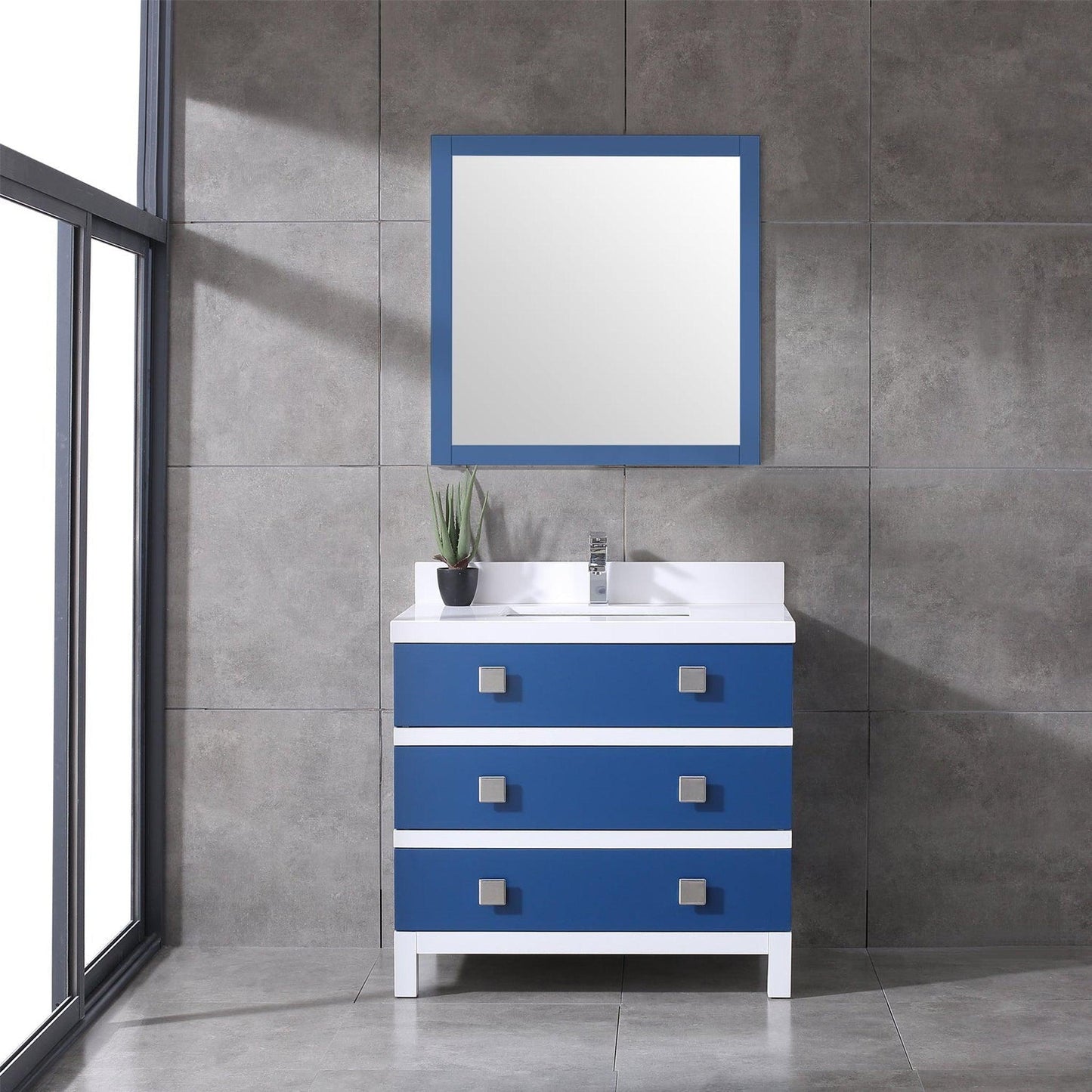 Eviva Sydney 36" x 32" Blue and White Freestanding Bathroom Vanity With White Solid Quartz Countertop