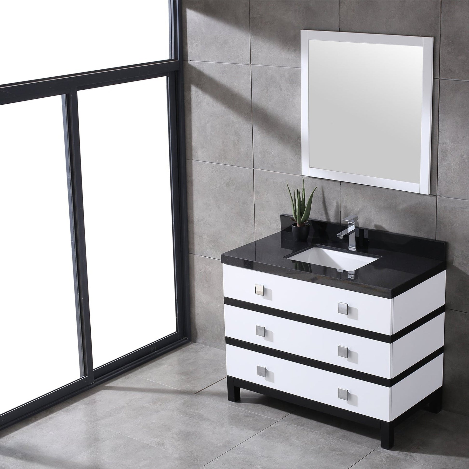 Eviva Sydney 42" x 32" Black and White Freestanding Bathroom Vanity With White Solid Quartz Countertop