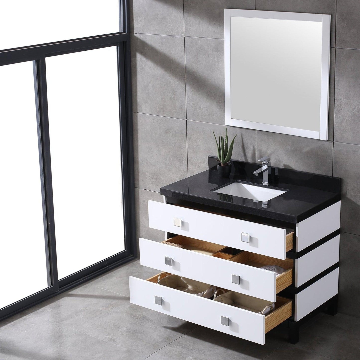 Eviva Sydney 42" x 32" Black and White Freestanding Bathroom Vanity With White Solid Quartz Countertop