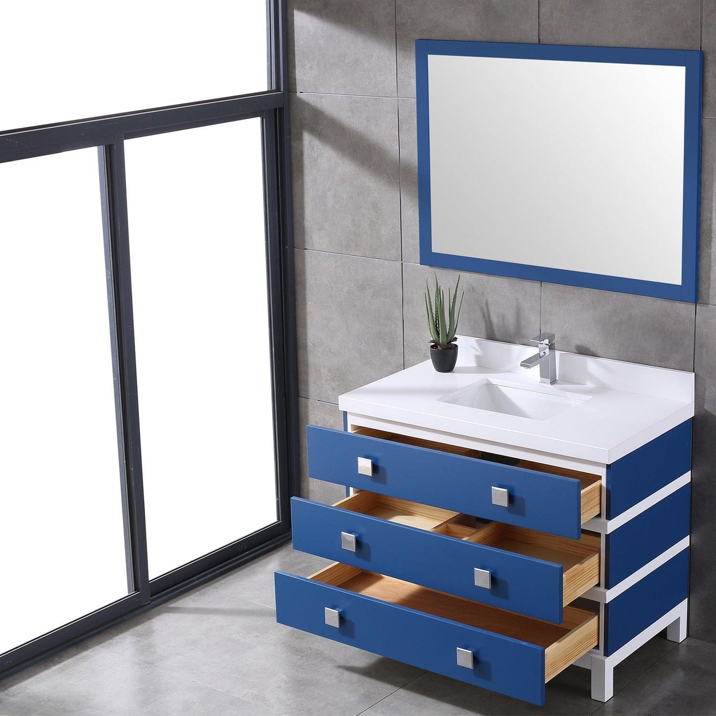 Eviva Sydney 42" x 32" Blue and White Freestanding Bathroom Vanity With White Solid Quartz Countertop