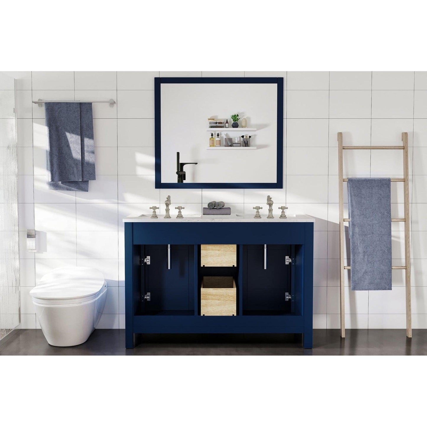 Eviva Totti Artemis 44" x 34" Blue Freestanding Bathroom Vanity With Carrara Style Man-made Stone Countertop and Double Undermount Sink