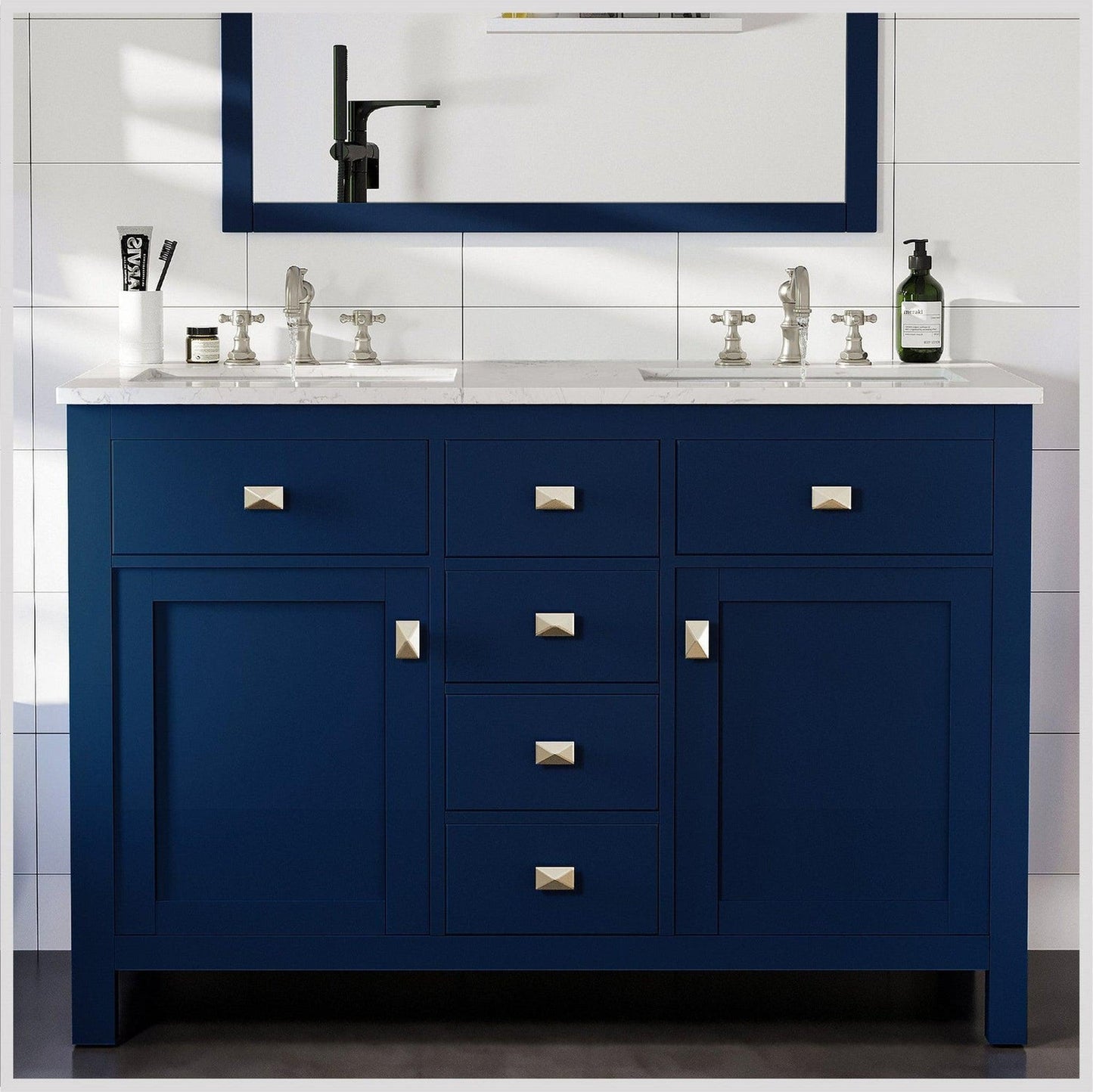 Eviva Totti Artemis 44" x 34" Blue Freestanding Bathroom Vanity With Carrara Style Man-made Stone Countertop and Double Undermount Sink