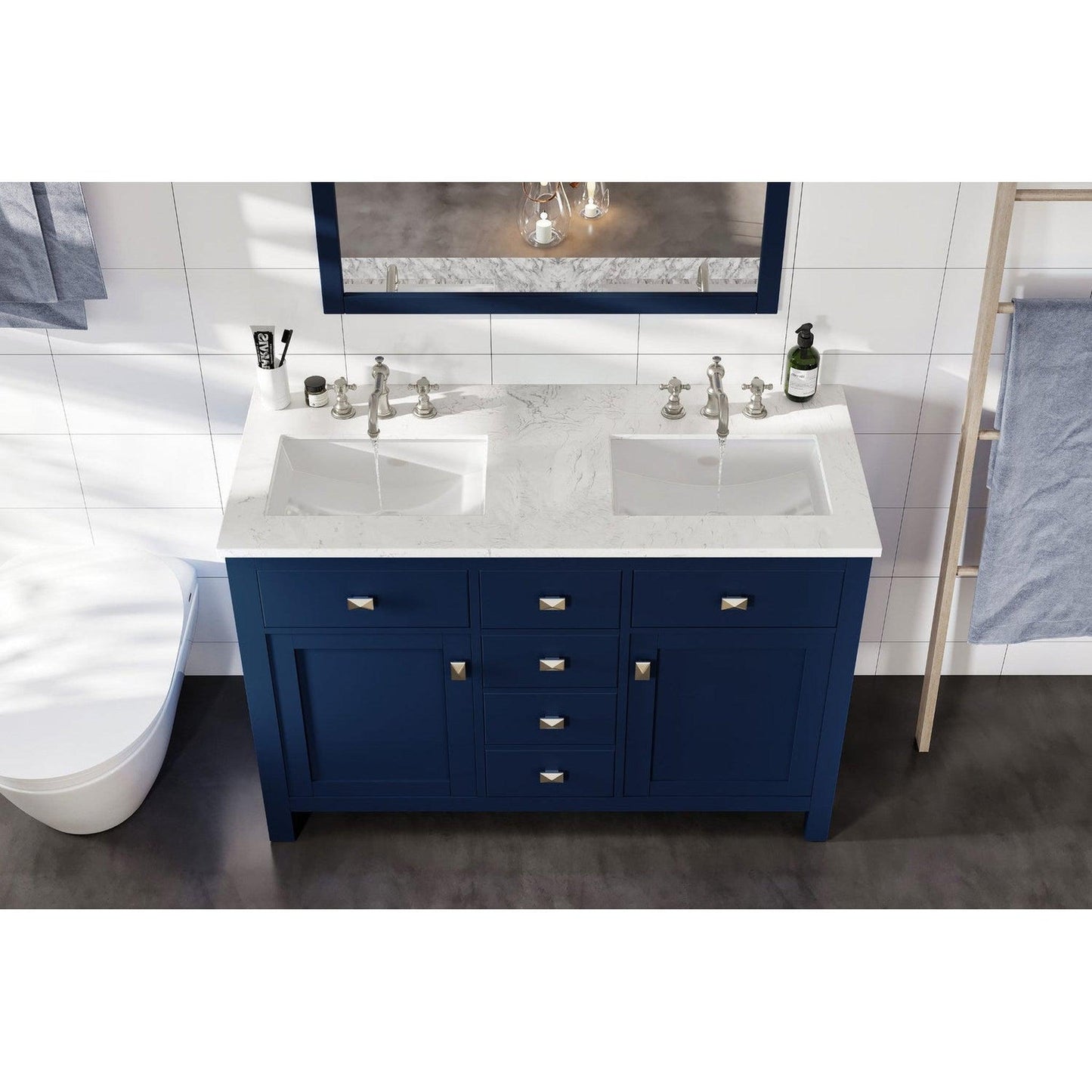 Eviva Totti Artemis 44" x 34" Blue Freestanding Bathroom Vanity With Carrara Style Man-made Stone Countertop and Double Undermount Sink