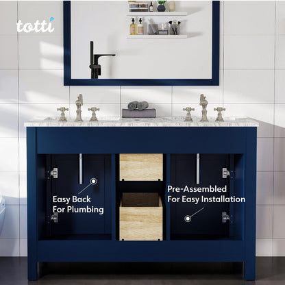 Eviva Totti Artemis 44" x 34" Blue Freestanding Bathroom Vanity With Carrara Style Man-made Stone Countertop and Double Undermount Sink