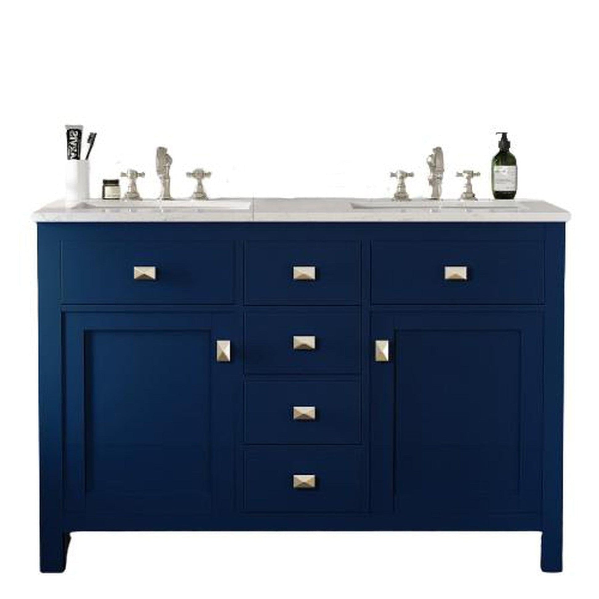 Eviva Totti Artemis 44" x 34" Blue Freestanding Bathroom Vanity With Carrara Style Man-made Stone Countertop and Double Undermount Sink