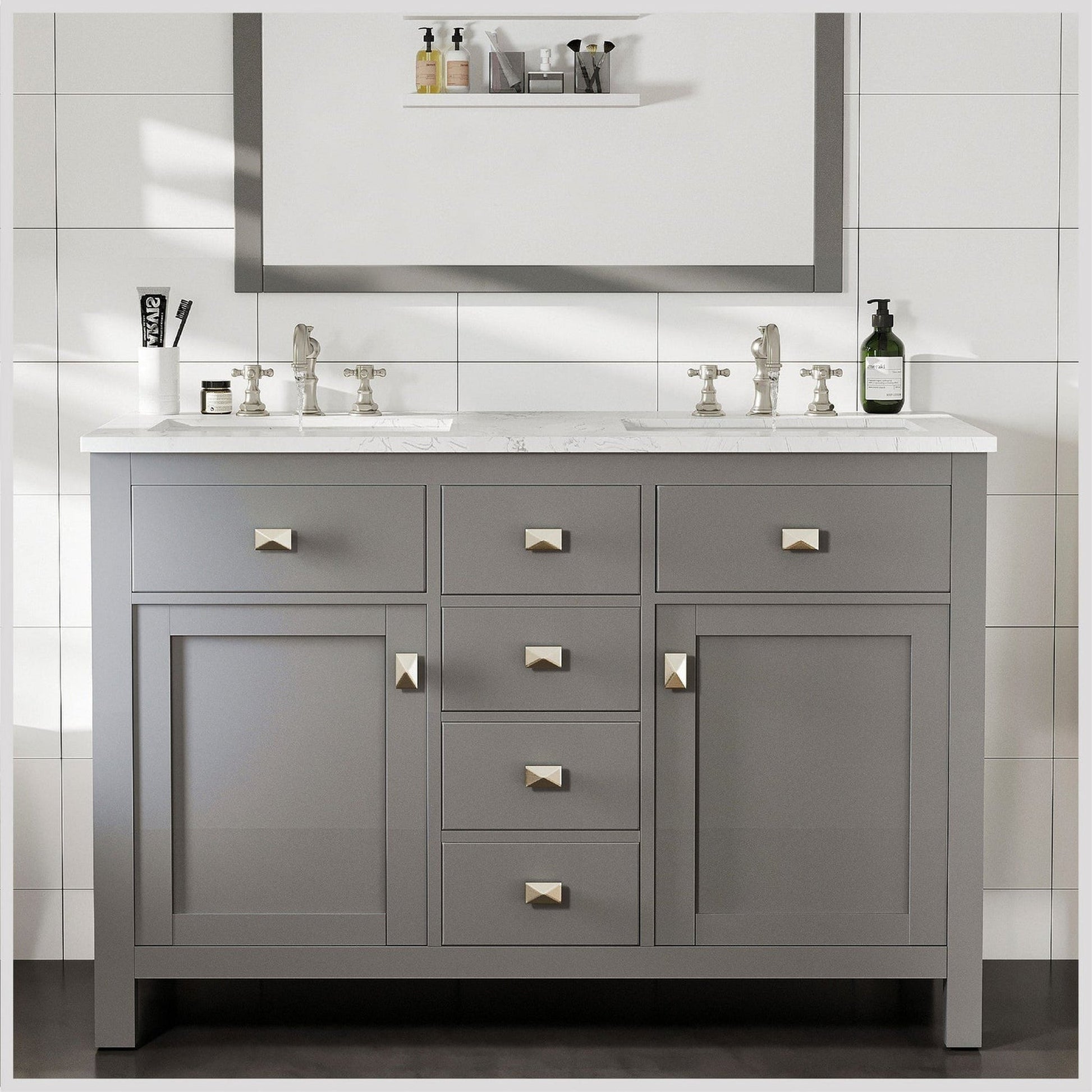 Eviva Totti Artemis 44" x 34" Gray Freestanding Bathroom Vanity With Carrara Style Man-made Stone Countertop and Double Undermount Sink