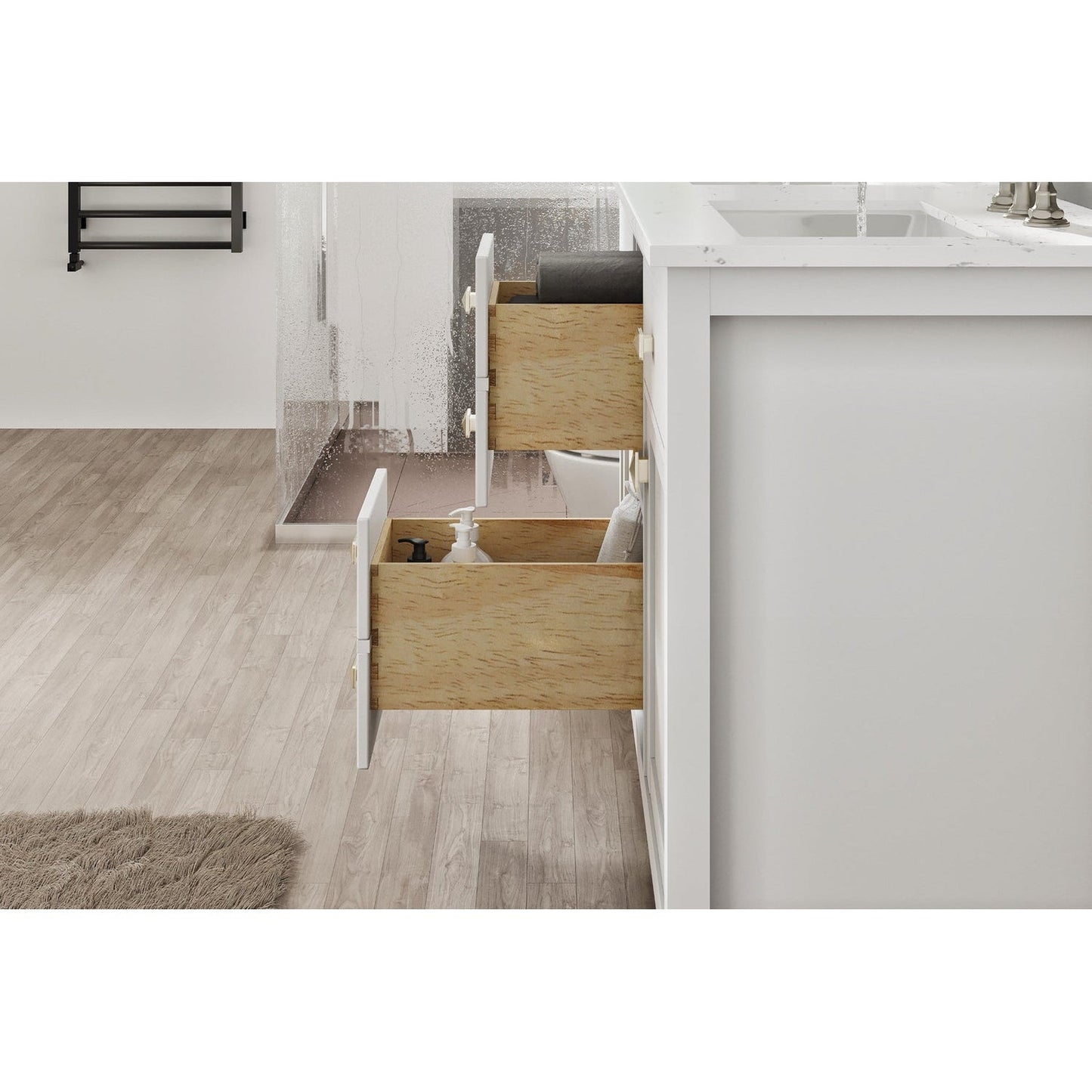 Eviva Totti Artemis 44" x 34" White Freestanding Bathroom Vanity With Carrara Style Man-made Stone Countertop and Double Undermount Sink