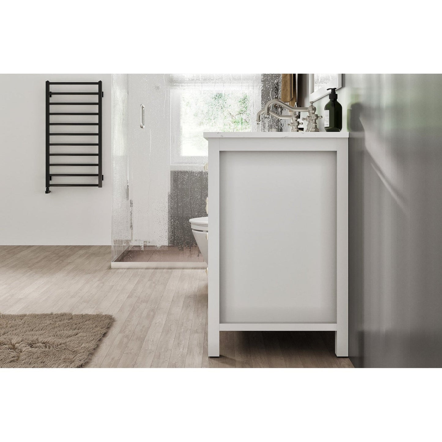 Eviva Totti Artemis 44" x 34" White Freestanding Bathroom Vanity With Carrara Style Man-made Stone Countertop and Double Undermount Sink