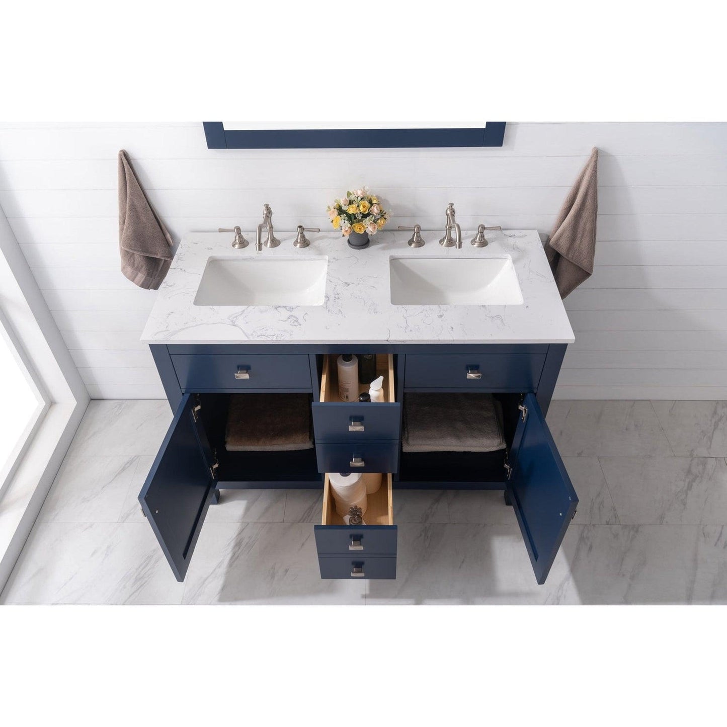 Eviva Totti Artemis 48" x 34" Blue Freestanding Bathroom Vanity With Carrara Style Man-made Stone Countertop and Double Undermount Sink