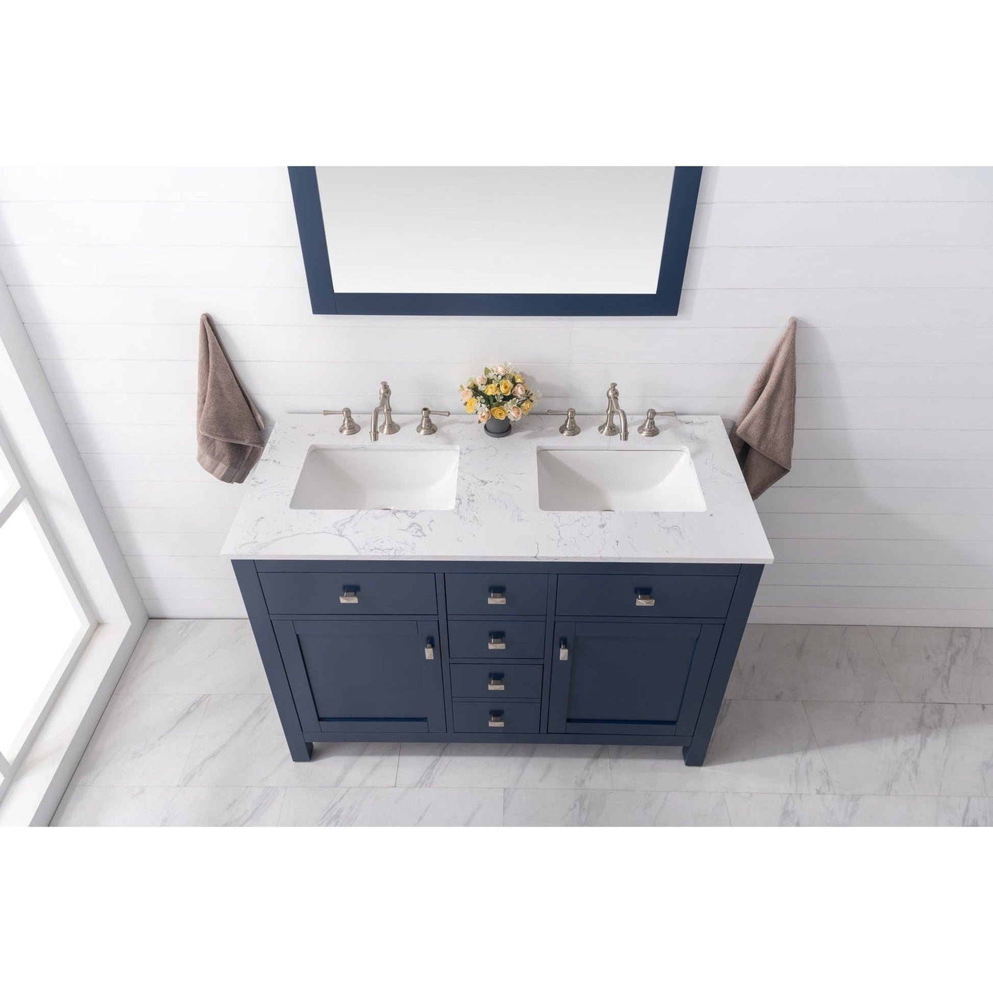 Eviva Totti Artemis 48" x 34" Blue Freestanding Bathroom Vanity With Carrara Style Man-made Stone Countertop and Double Undermount Sink