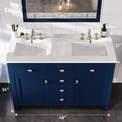 Eviva Totti Artemis 48" x 34" Blue Freestanding Bathroom Vanity With Carrara Style Man-made Stone Countertop and Double Undermount Sink