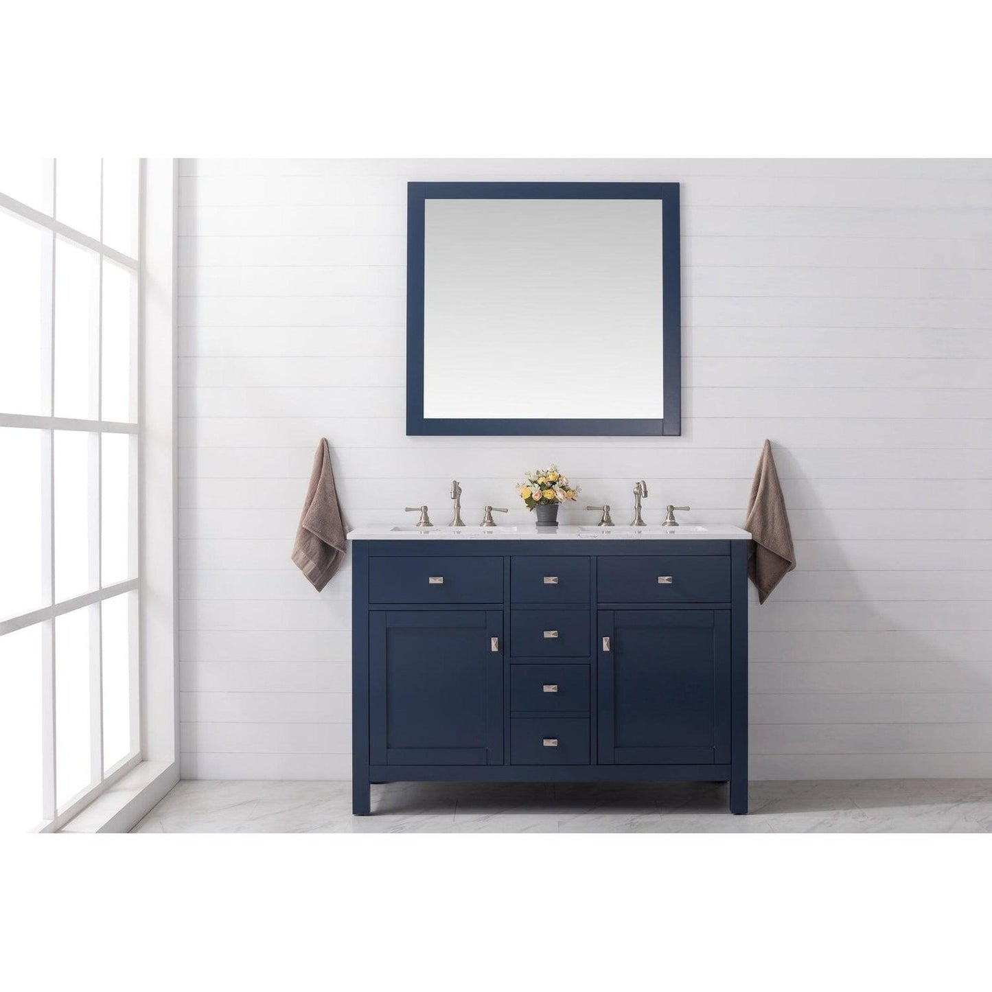 Eviva Totti Artemis 48" x 34" Blue Freestanding Bathroom Vanity With Carrara Style Man-made Stone Countertop and Double Undermount Sink