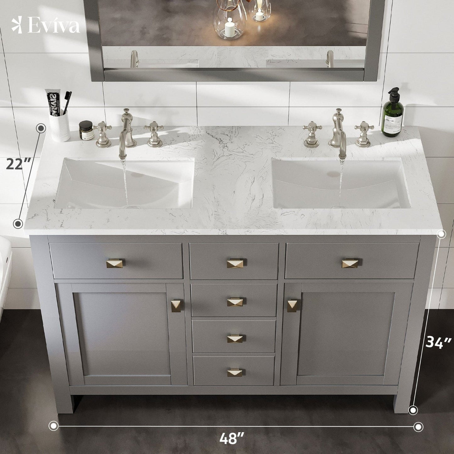 Eviva Totti Artemis 48" x 34" Gray Freestanding Bathroom Vanity With Carrara Style Man-made Stone Countertop and Double Undermount Sink